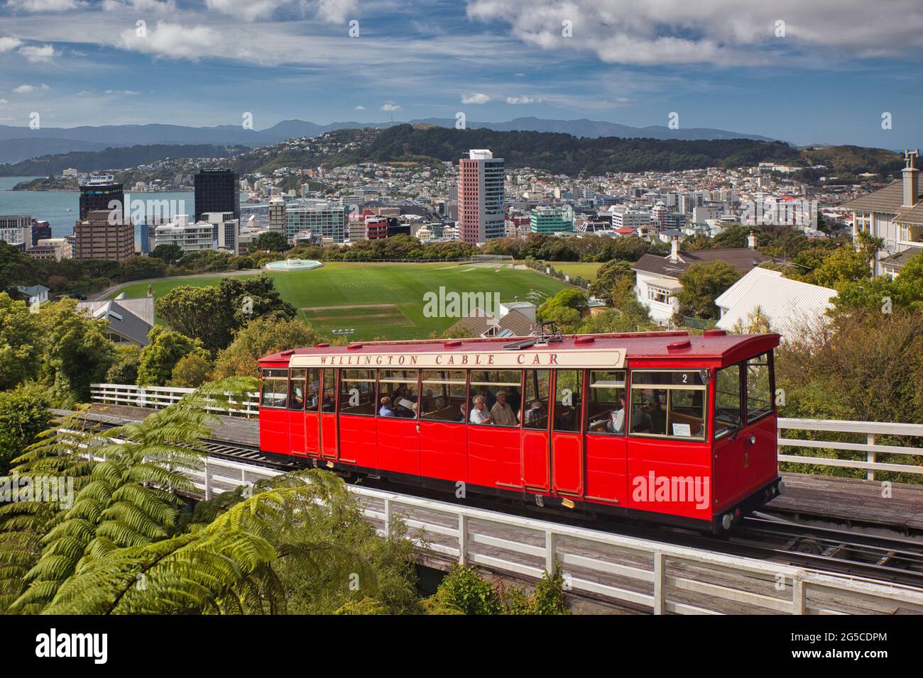 The cable car in Wellington, North Island, New Zealand with cityscape of Wellington beyond Stock Photo