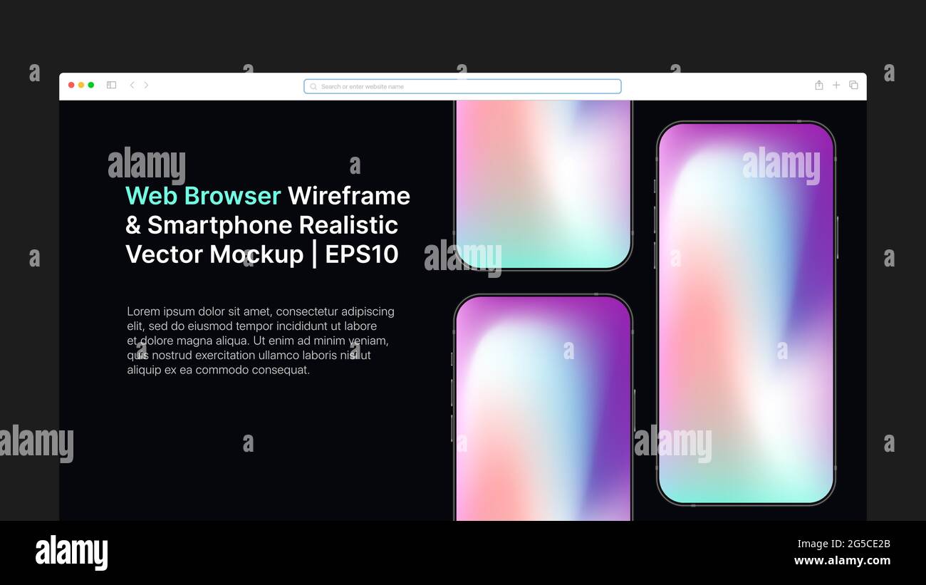 Web Browser Wireframe and Smartphone Realistic Vector Mockup. Gradient Horizontal Slide For Presentation. Vector illustration Stock Vector