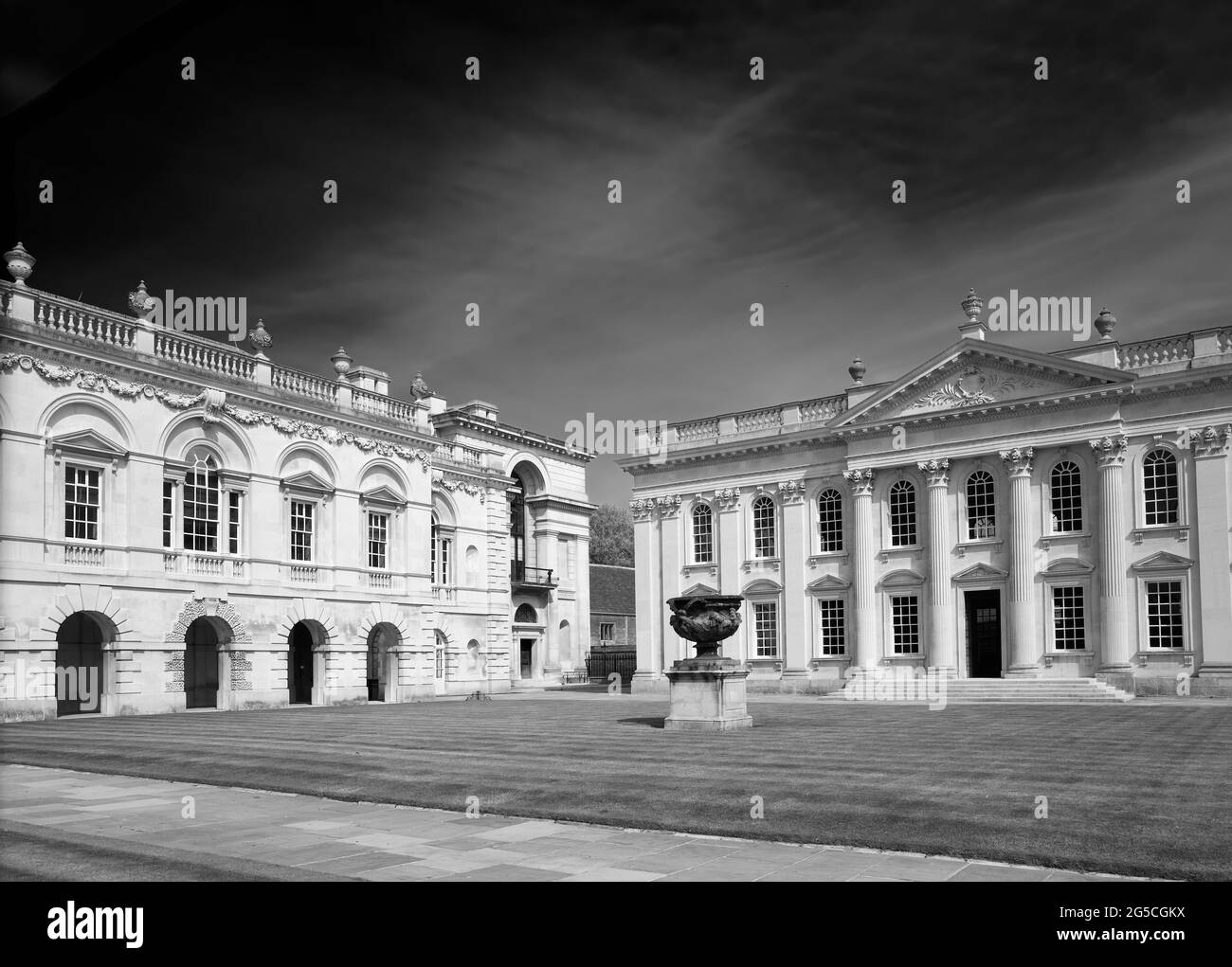 Panoramic view of Senate house and the Old Schools with their lawn at the university of Cambridge, England. Stock Photo