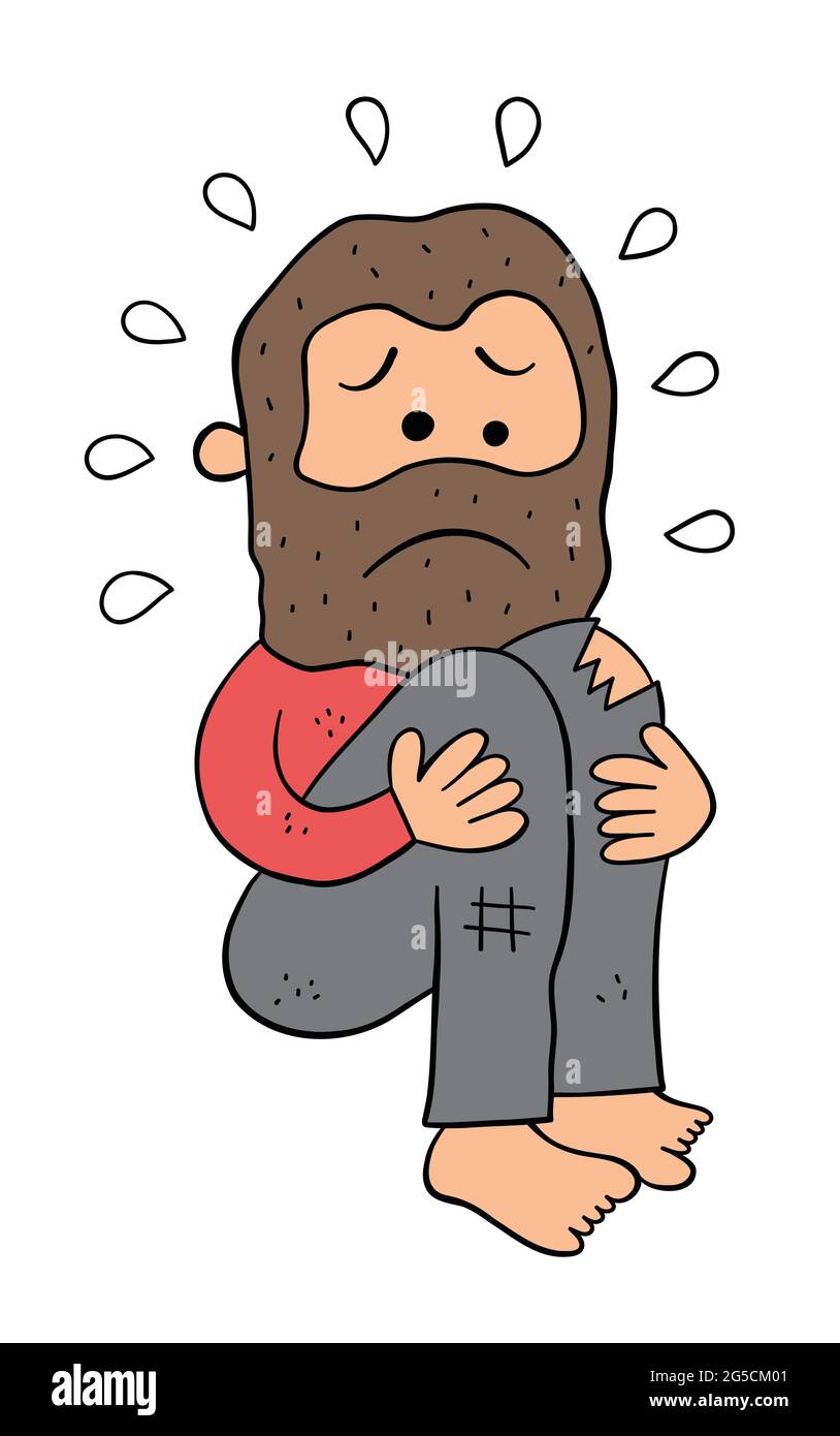 Cartoon homeless man crouching and very sad, vector illustration. Colored  and black outlines Stock Vector Image & Art - Alamy