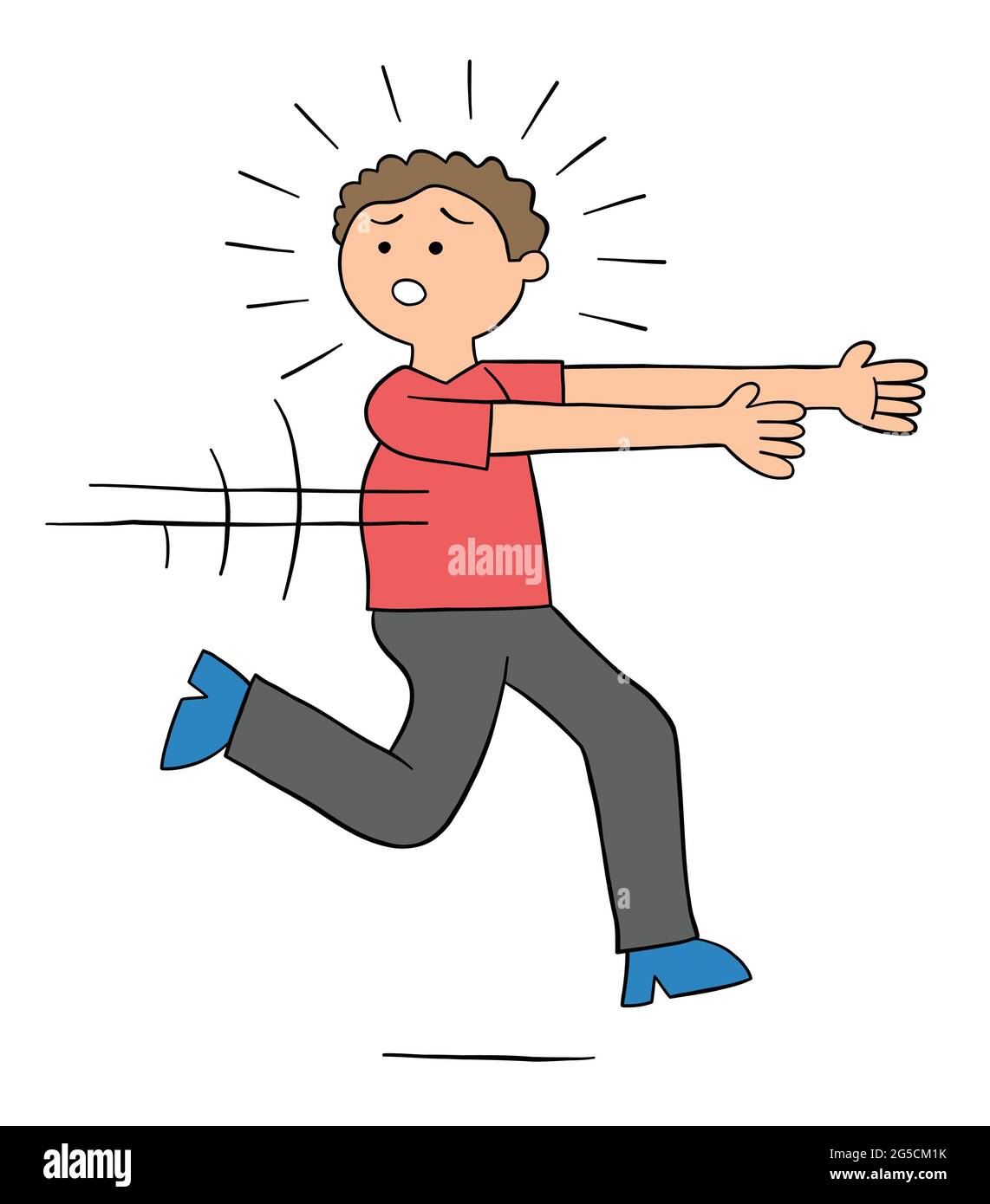 Cartoon man is afraid and runs away, vector illustration. Colored and black outlines. Stock Vector