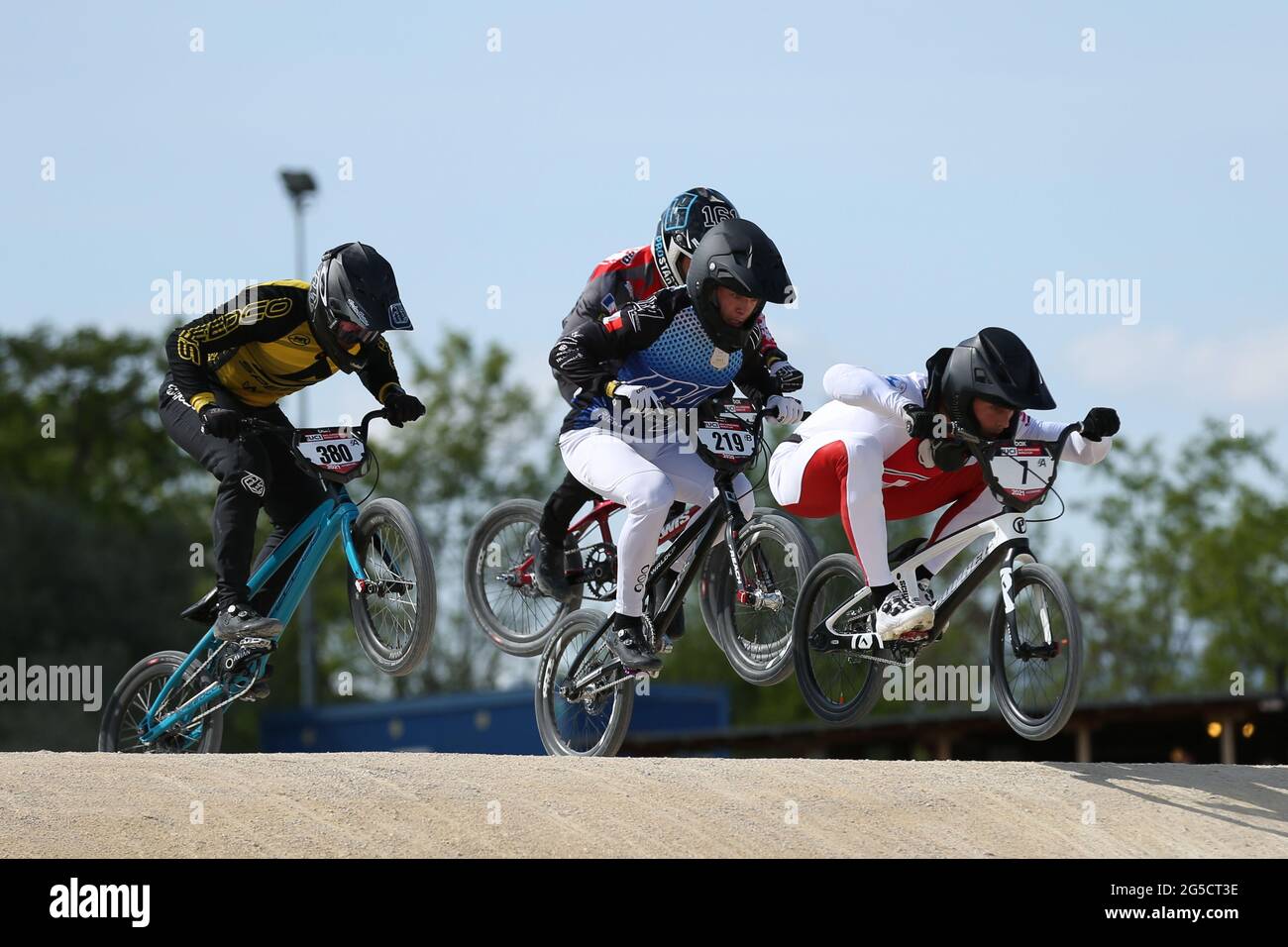 Dylan GOBERT of France (219) and David GRAF of Switzerland (7) competes in the UCI BMX Supercross World Cup Round 1 at the BMX Olympic Arena on May 8t Stock Photo