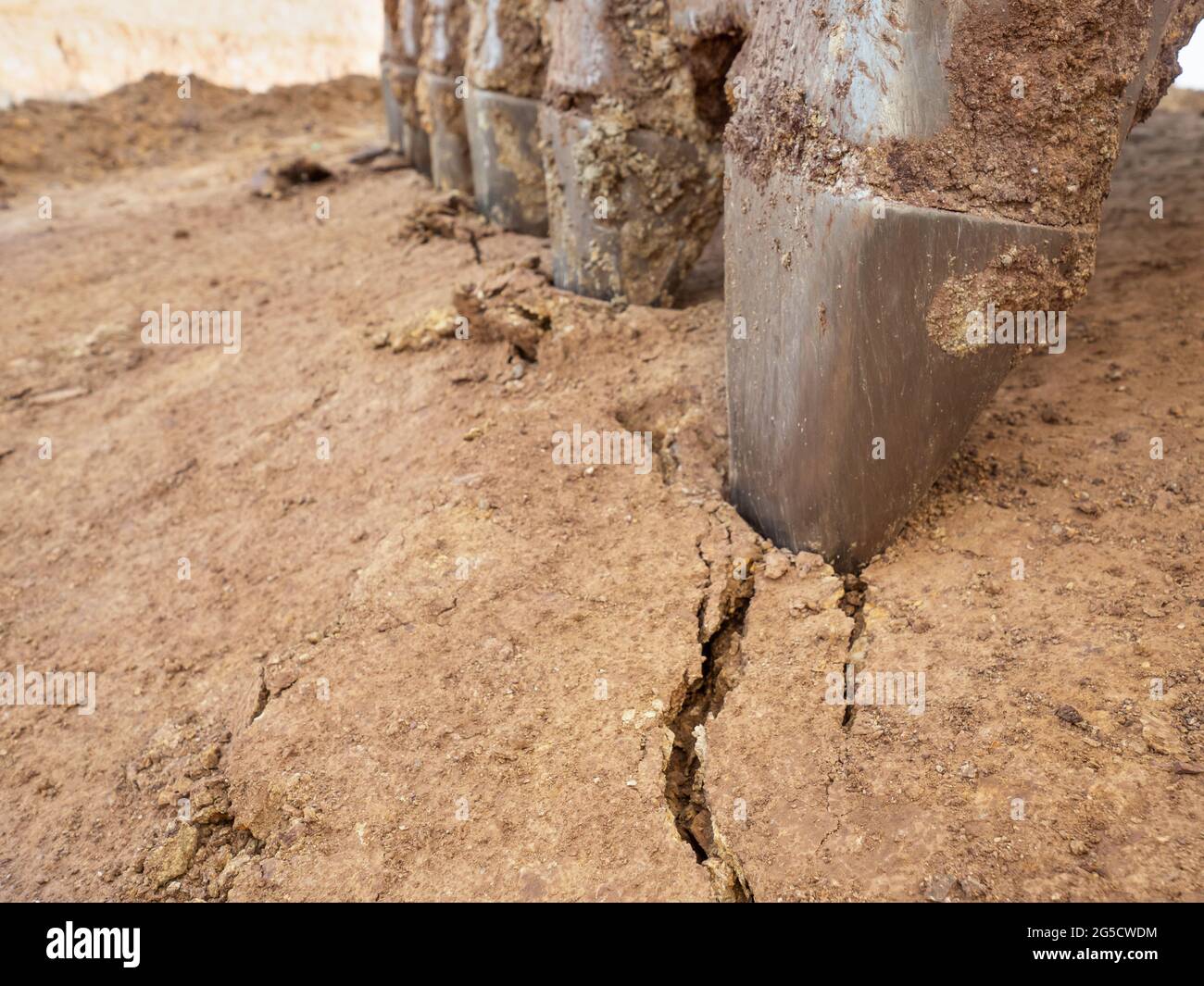 Alloed steel teeth of the excavator bucket bite the dry clay. Cracked ground under strong hydraulic machinery Stock Photo