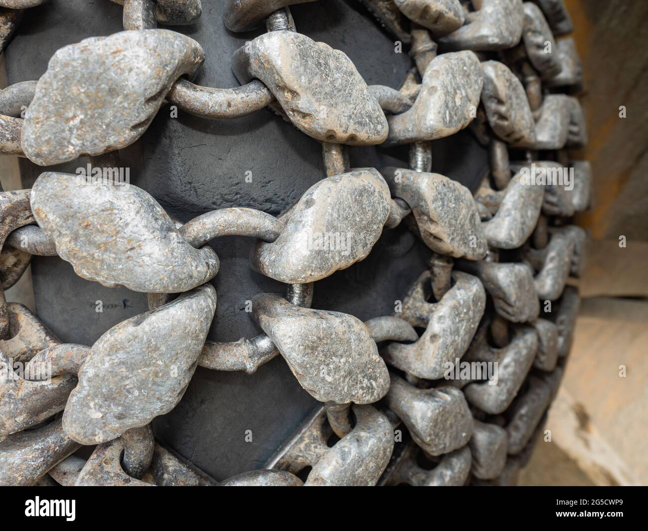 Machinerydetail, chain wheel of heavy bulldozer or excavator in open ...