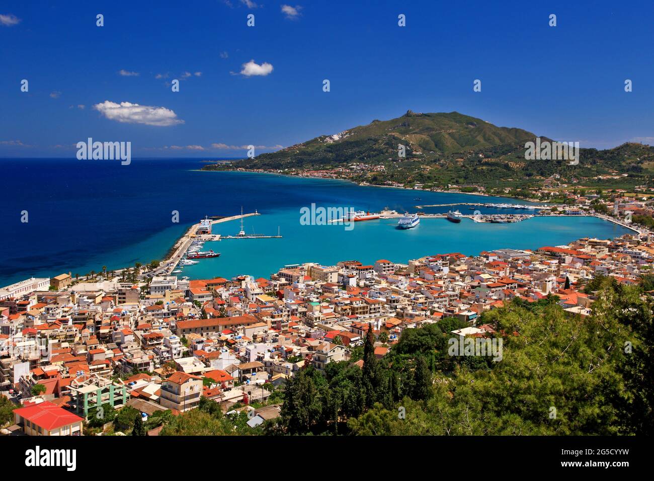Zakynthos town, panoramic view of the capital of Zakynthos (or Zante), a beautiful island in Ionian Sea, Greece, and a popular touristic destination Stock Photo