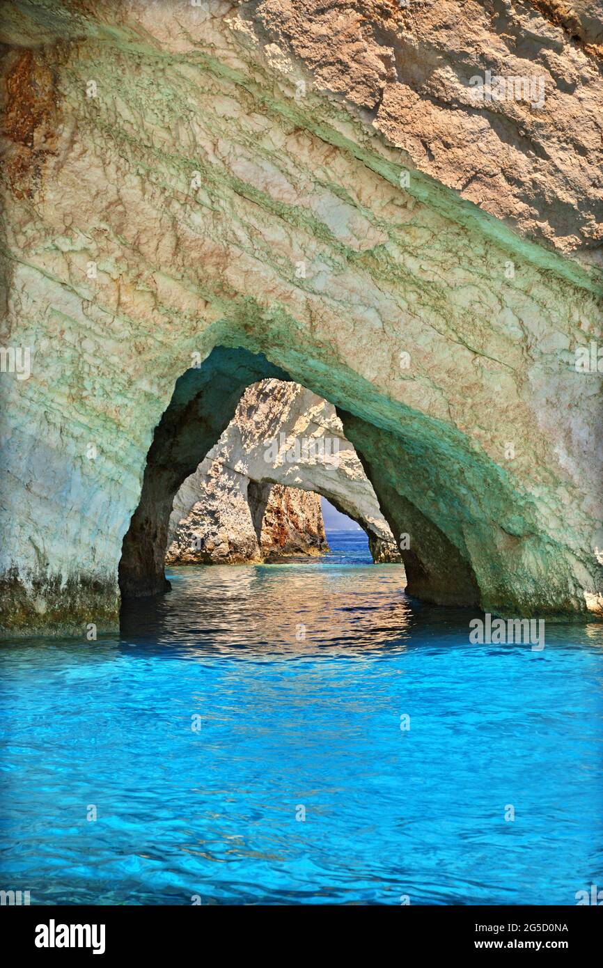 Famous blue caves, an extraordinary seascape of magnificent geologic formations in Zakynthos island, Ionian Sea, Greece, Europe. Stock Photo