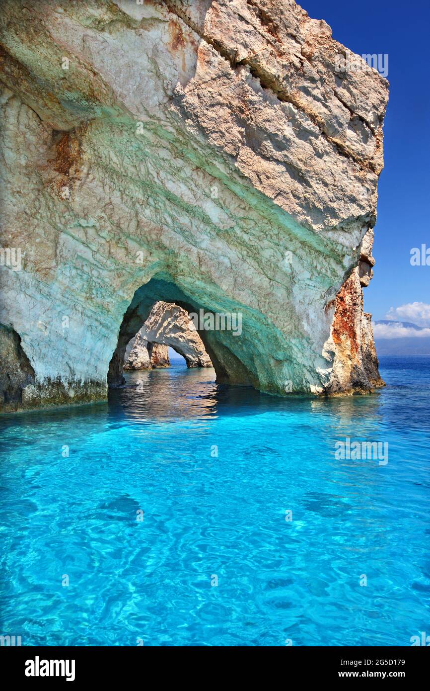 Famous blue caves, an extraordinary seascape of magnificent geologic formations in Zakynthos island, Ionian Sea, Greece, Europe. Stock Photo