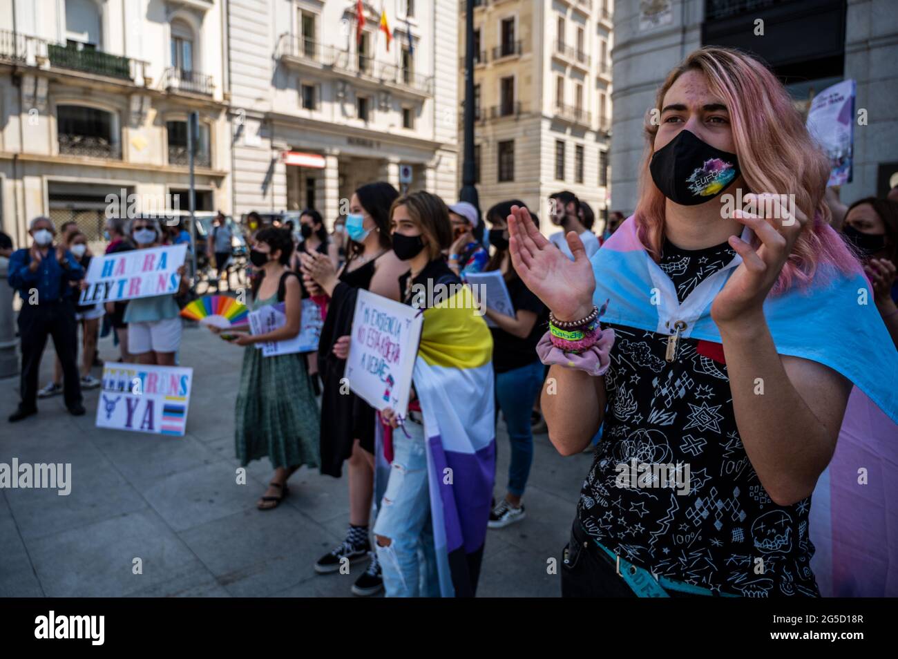 Madrid, Spain. 26th June, 2021. Protester during a demonstration against transphobia.The Spanish Congress will approve a bill that would allow the legal recognition of self-determination in gender matters. Credit: Marcos del Mazo/Alamy Live News Stock Photo