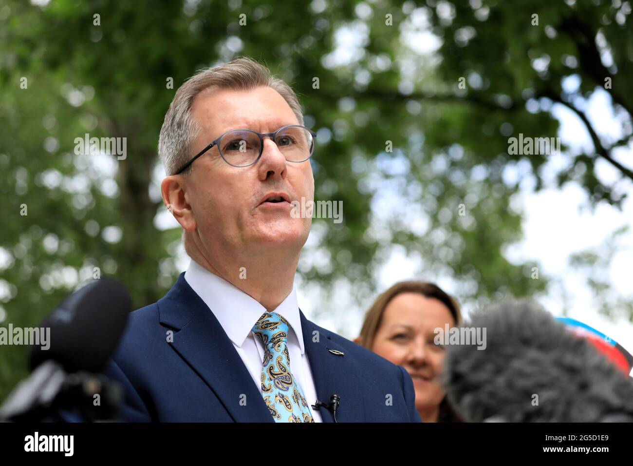 Newly elected DUP leader designate Sir Jeffrey Donaldson speaks to the media, after the DUP Electoral college endorsed him as the party's new leader. Picture date: Saturday June 26, 2021. Stock Photo