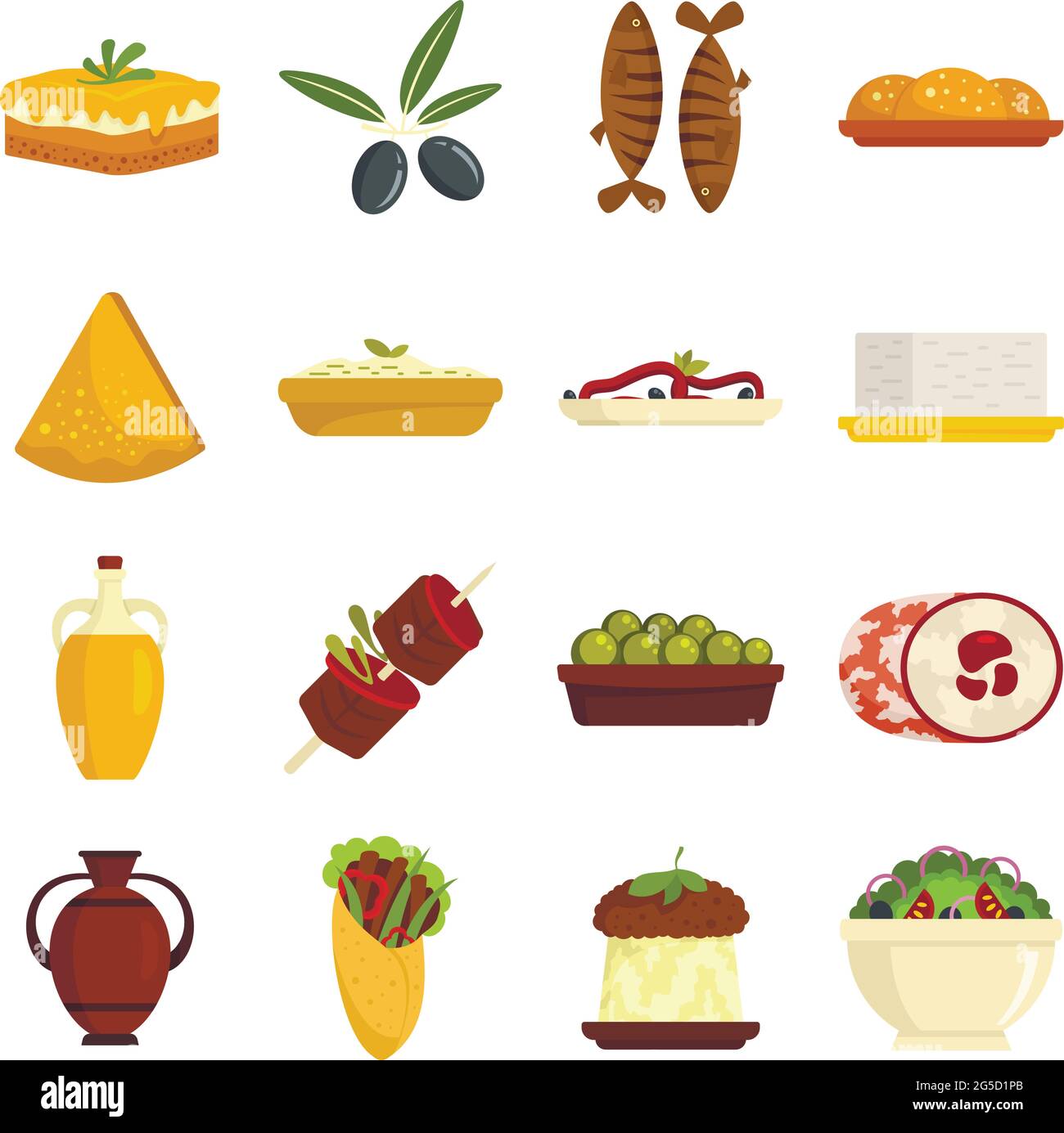 Greek cuisine icons set flat vector isolated Stock Vector