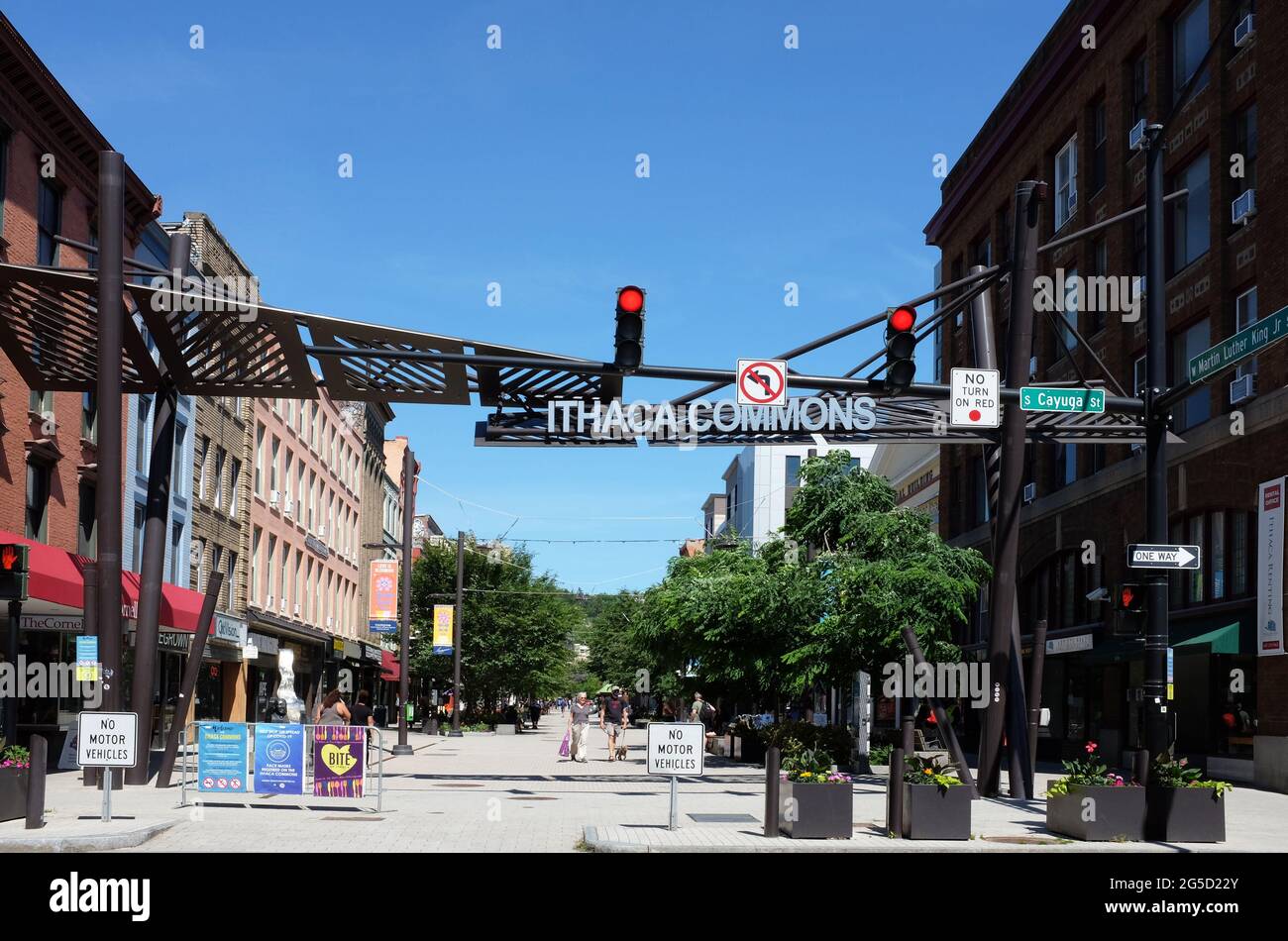 ITHACA, NEW YORK - 17 JUNE 2021: Ithaca Commons, a two-block pedestrian mall in the business improvement district known as Downtown Ithaca. Stock Photo