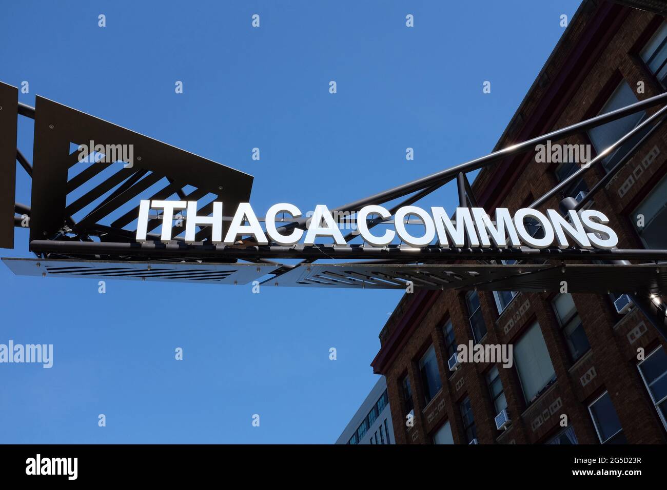 ITHACA, NEW YORK - 17 JUNE 2021: Sign over Ithaca Commons, a two-block pedestrian mall in the business improvement district known as Downtown Ithaca. Stock Photo