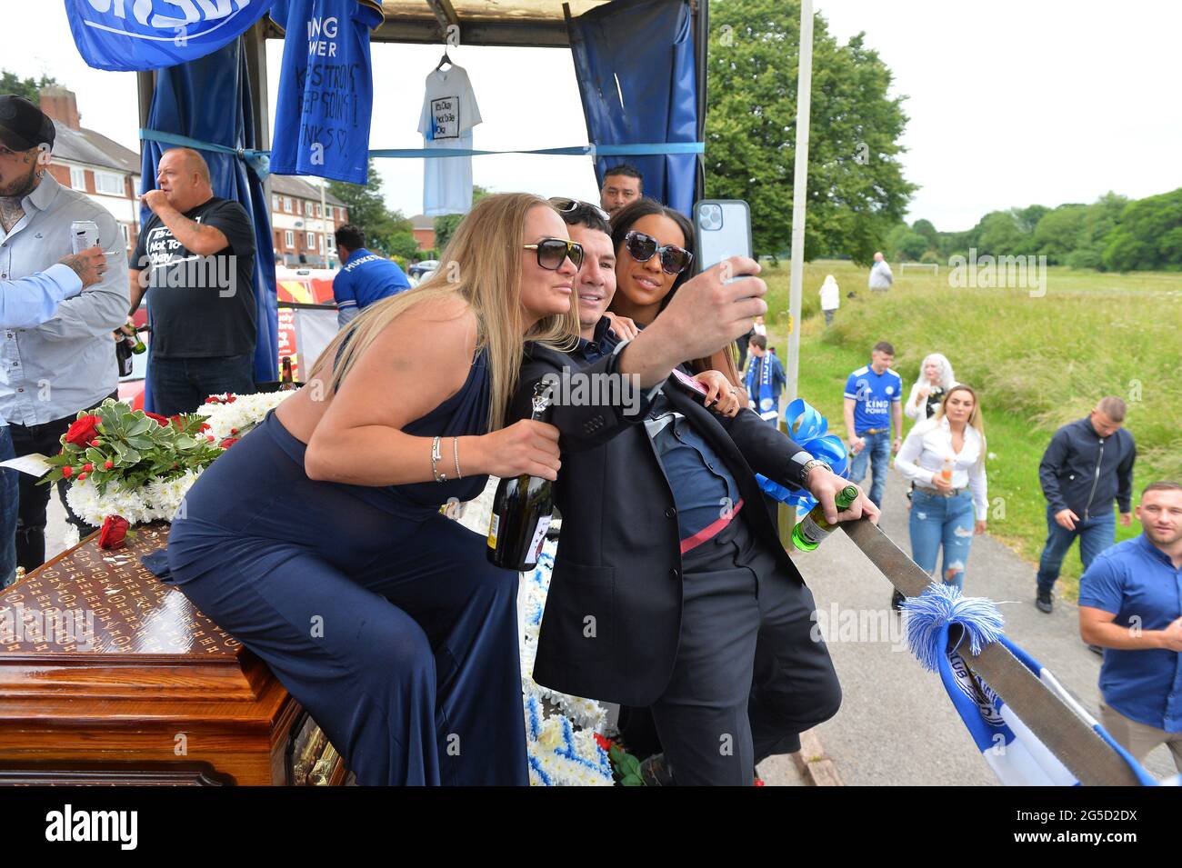 Leicester, UK. 26th June 2021. UK News. A funeral carnival parade for Mark Winkless, who turned his back on football hooliganism to persue a career as an actor, takes place around Braunstone Park in Leicester. The parade was attended by former Shameless actor Jody Latham. Alex Hannam/Alamy Live News Stock Photo