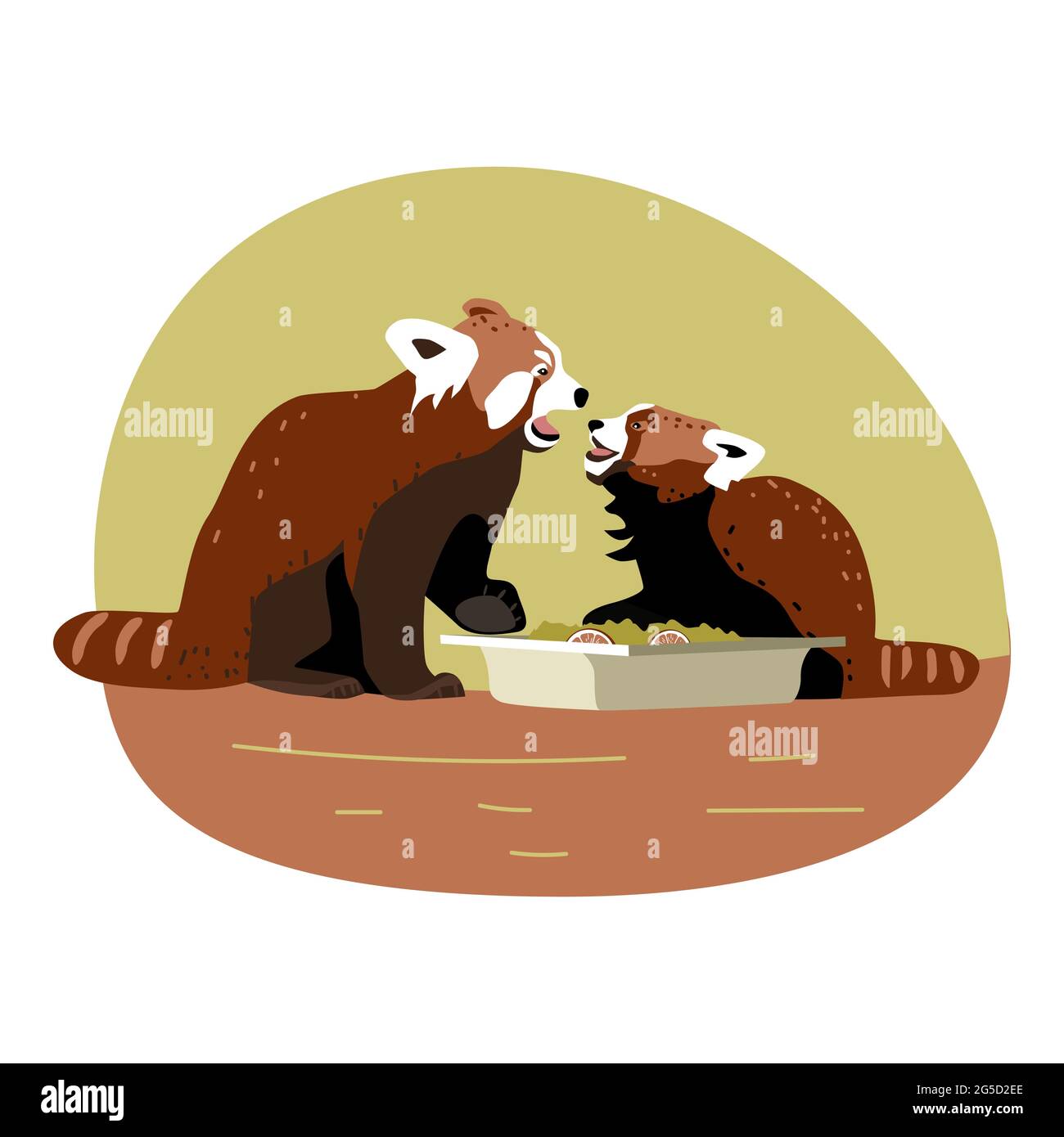 Red panda mother and son with open mouth near the bowl of food, animals express emotions, family quarrel for memes, children illustration, hand drawn Stock Vector