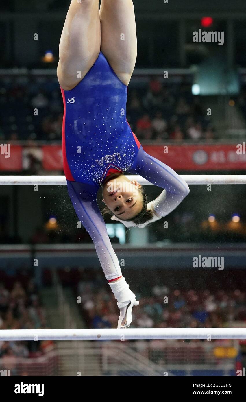 St Louis, USA. 26th June, 2021. Gymnast Kayla DiCello preforms on the uneven bars during Day 1of the Women's U.S. Olympic Gymnastic Trials at the The Dome at America's Center in St. Louis on June 25, 2021. Photo by Bill Greenblatt/UPI Credit: UPI/Alamy Live News Credit: UPI/Alamy Live News Stock Photo