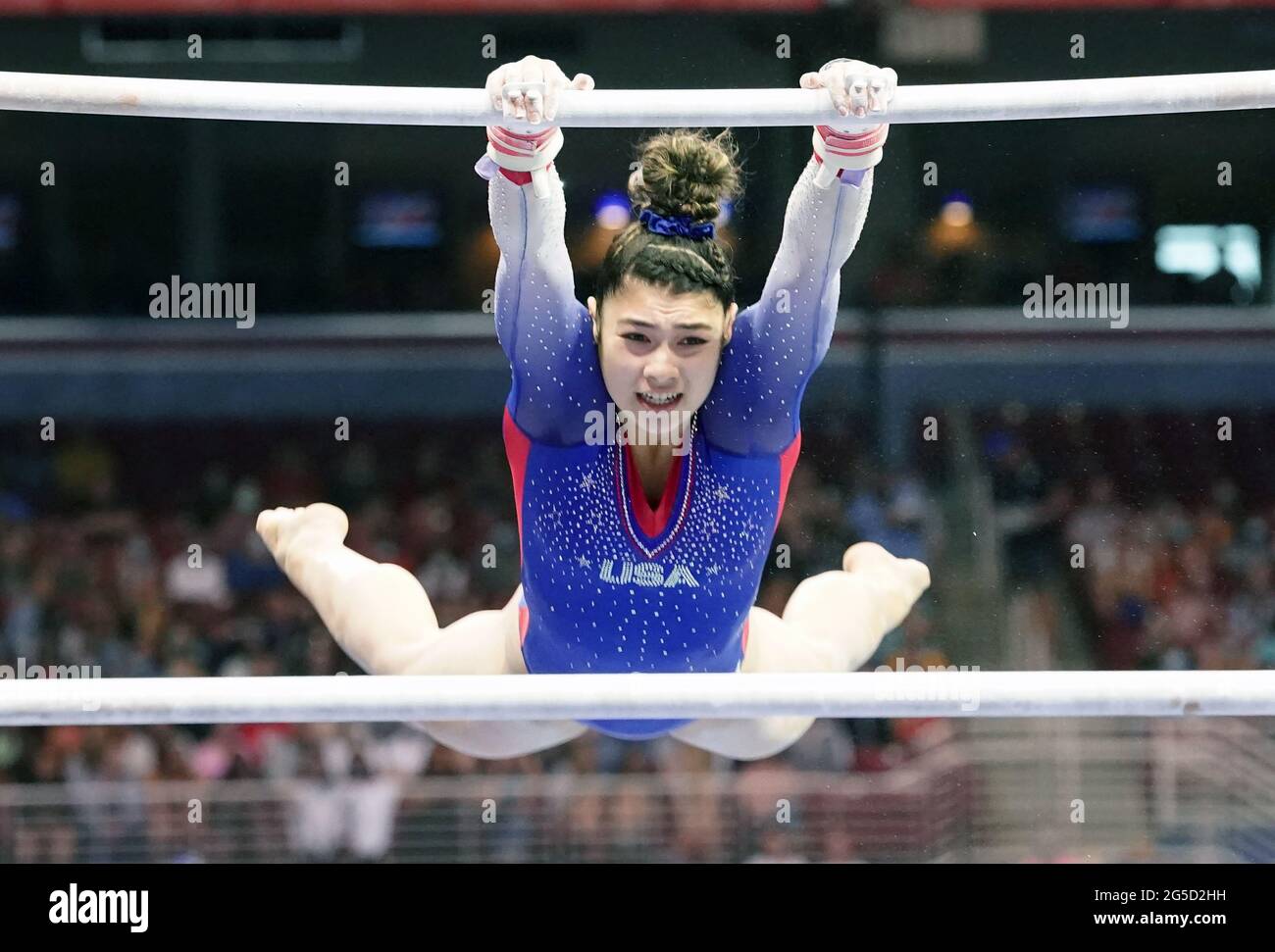 St Louis, USA. 26th June, 2021. Gymnast Kayla DiCello preforms on the uneven bars during Day 1of the Women's U.S. Olympic Gymnastic Trials at the The Dome at America's Center in St. Louis on June 25, 2021. Photo by Bill Greenblatt/UPI Credit: UPI/Alamy Live News Credit: UPI/Alamy Live News Stock Photo