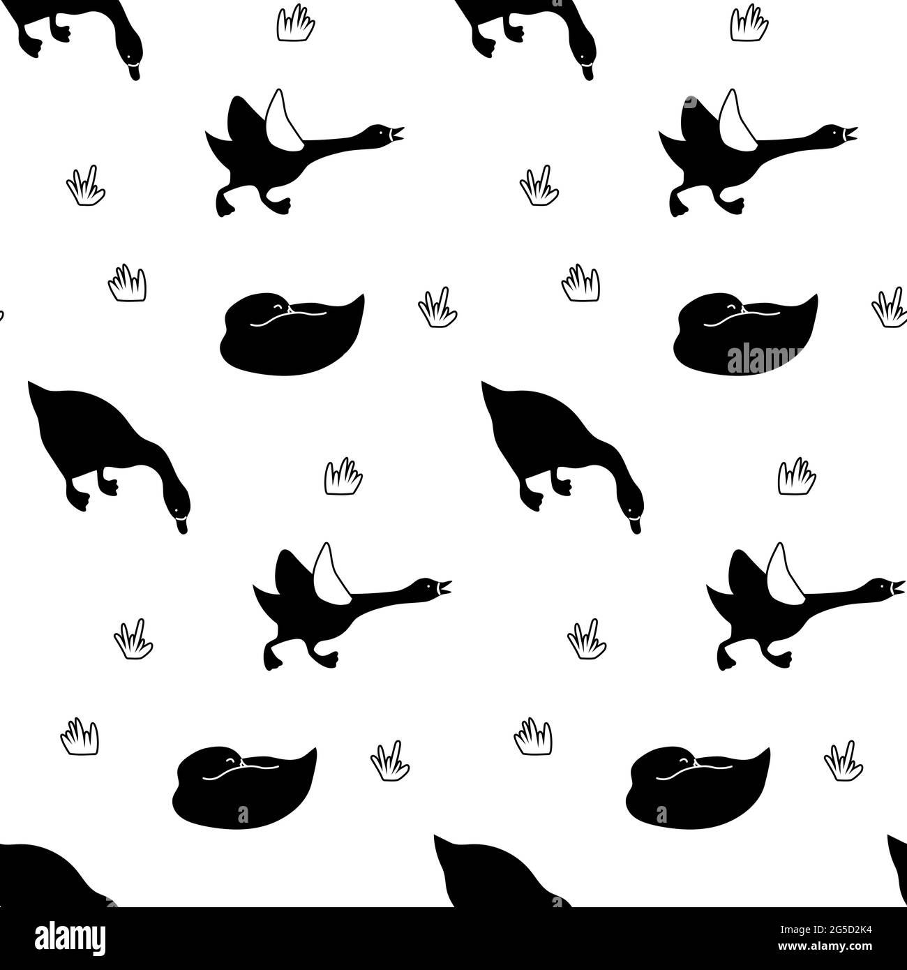 Goose seamless pattern in black and white. Isolated monochrome waterfowl domestic or wild bird ornament textile print. EPS 10 Stock Vector