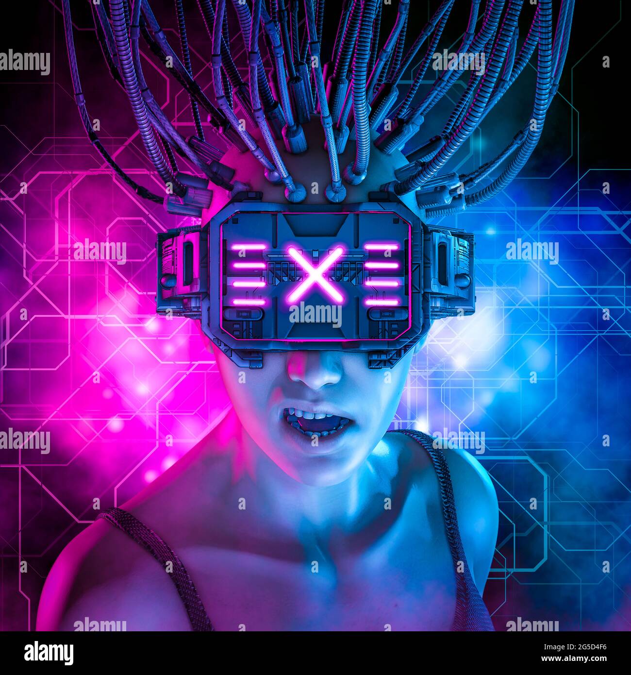 Hardwired cyberpunk girl / 3D illustration of science fiction cyberpunk female character wearing futuristic virtual reality glasses Stock Photo