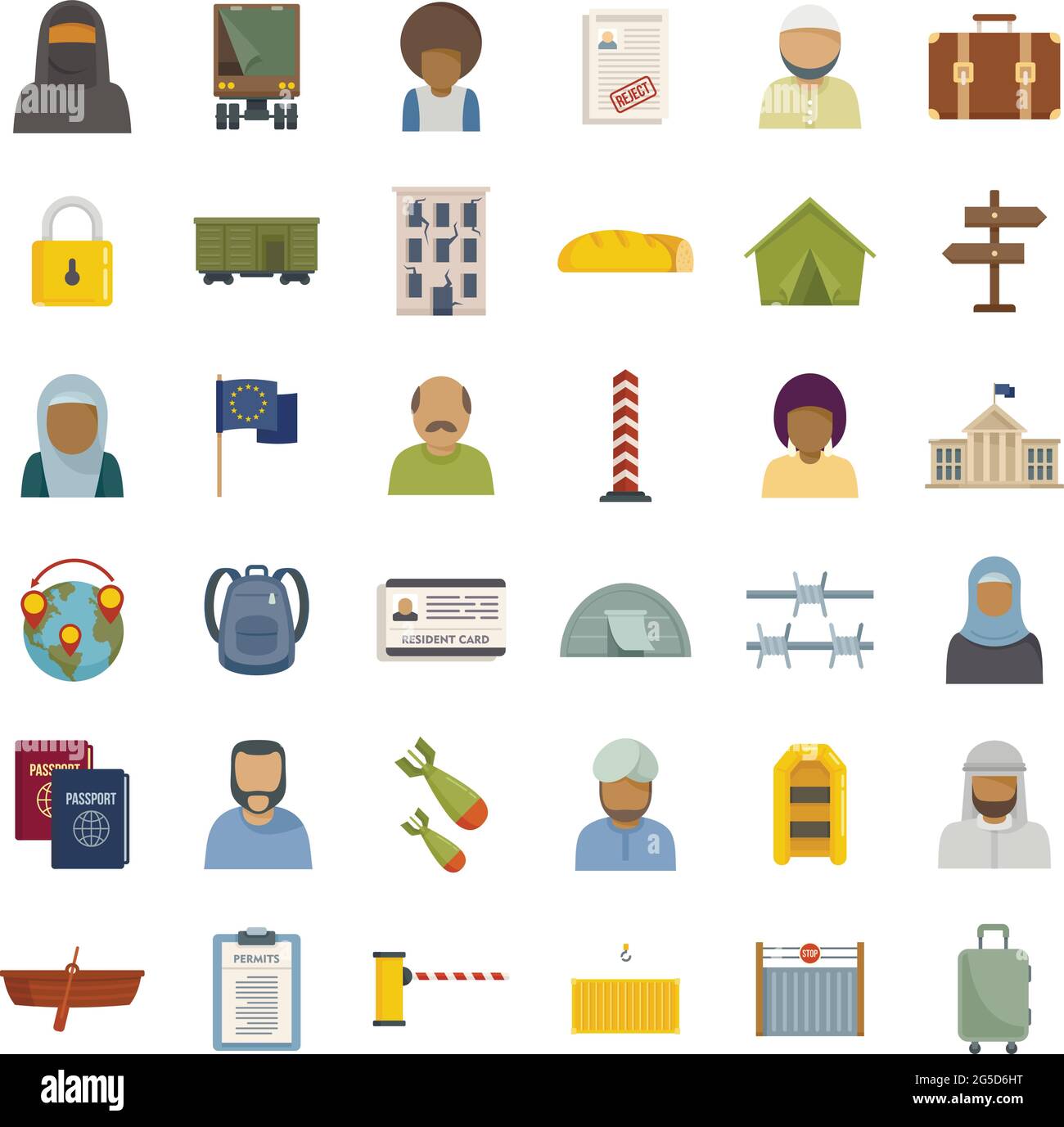 Illegal immigrants icons set flat vector isolated Stock Vector