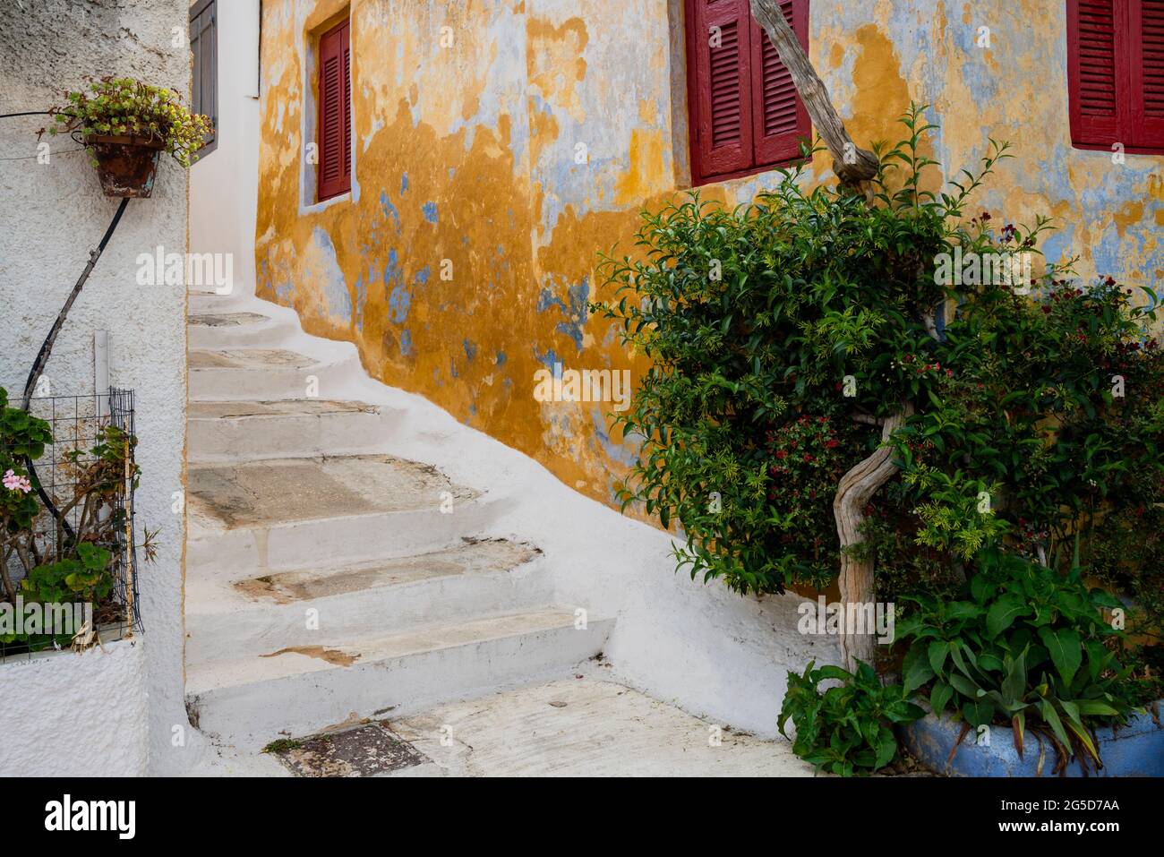 Athens, Greece neighborhood Anafiotka in the foothills of the Acropolis with Cycladic architectural style. Stock Photo