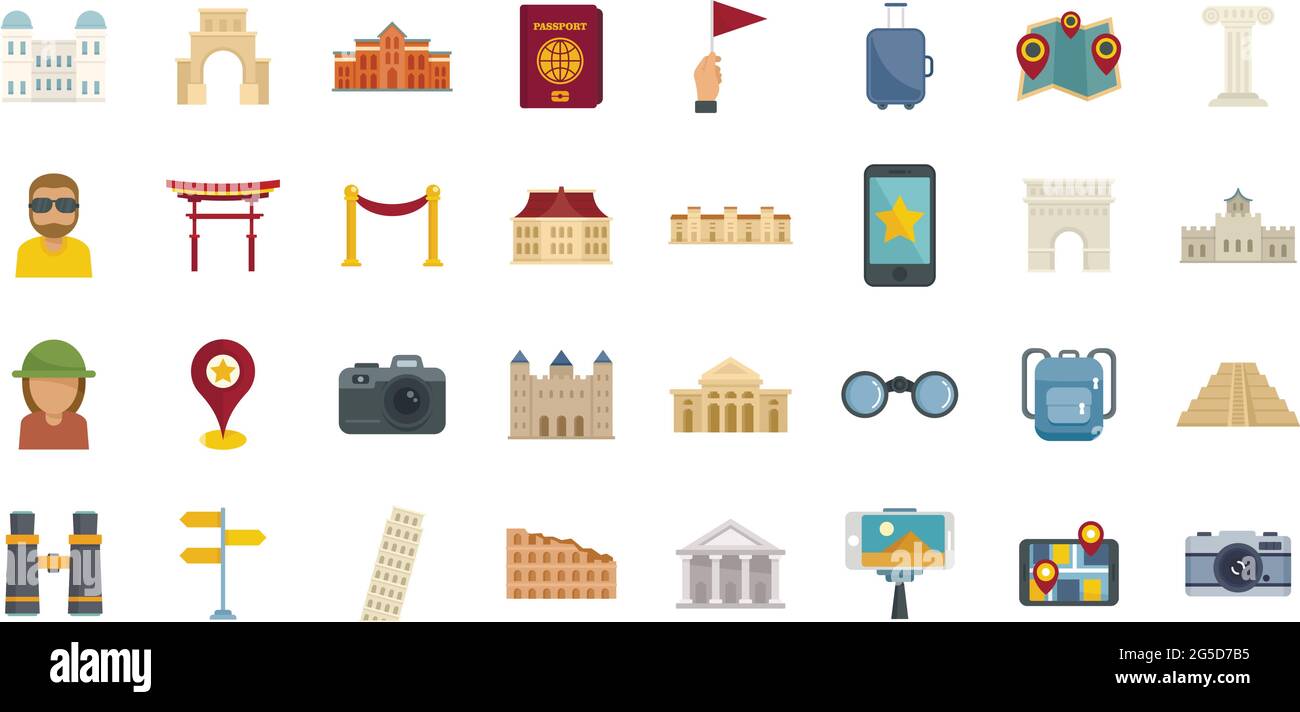 Sightseeing icons set flat vector isolated Stock Vector