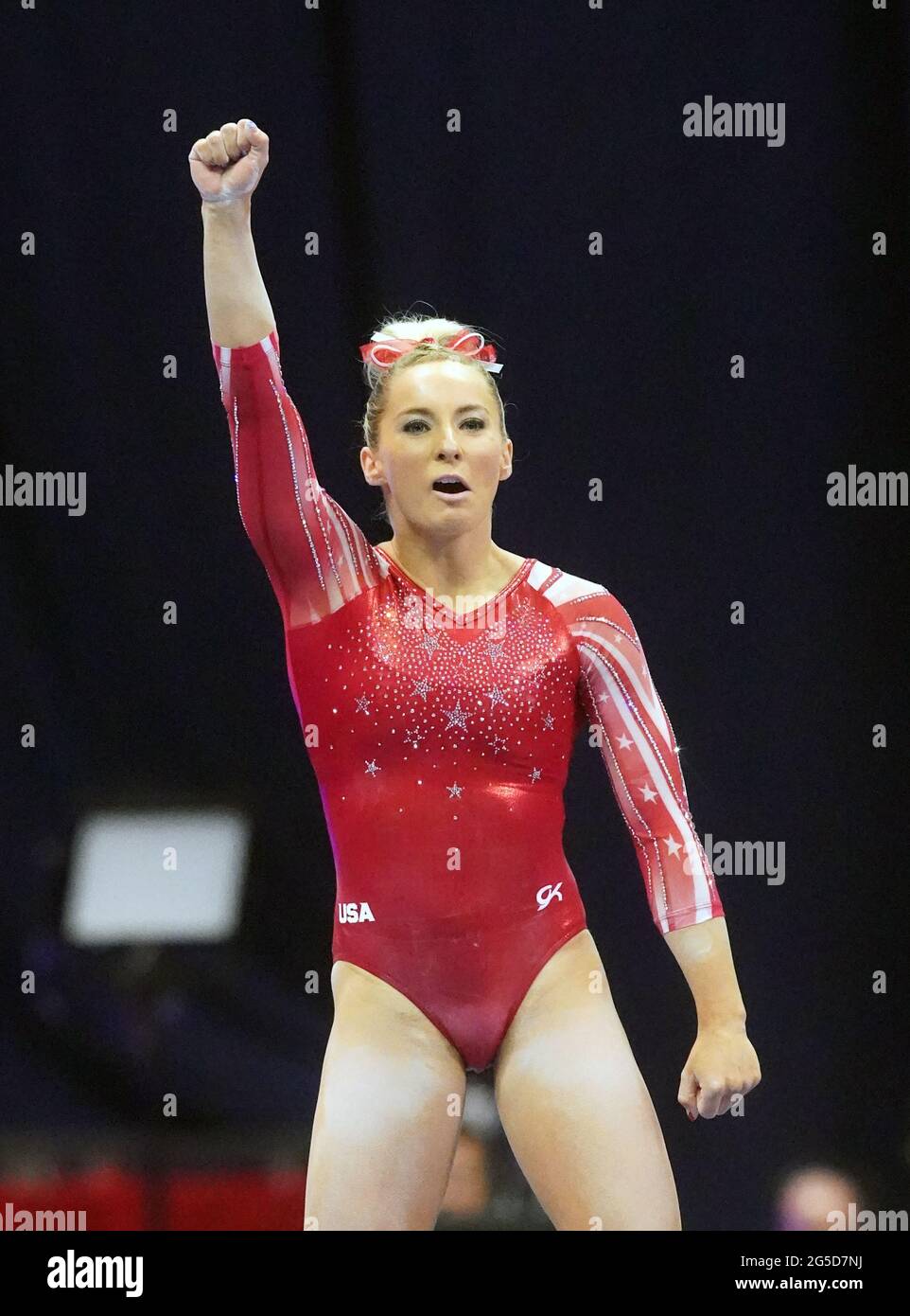 Gymnast MyKayla Skinner pumps her fist after her routine on the balance bean during Day 1of the Women's U.S. Olympic Gymnastic Trials at the The Dome at America's Center in St. Louis on June 25, 2021. Photo by Bill Greenblatt/UPI Credit: UPI/Alamy Live News Stock Photo