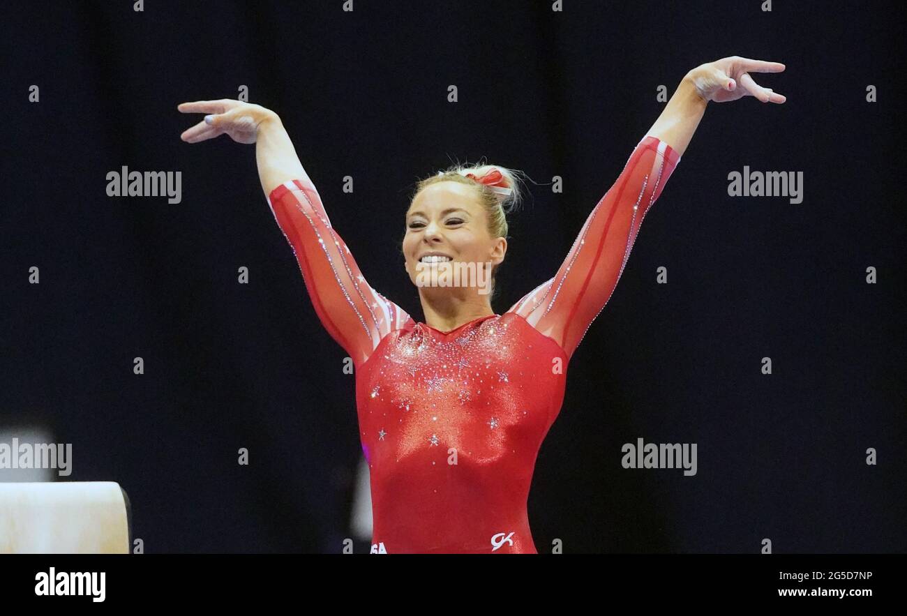Gymnast MyKayla Skinner poses after her dismount of the balance bean during Day 1of the Women's U.S. Olympic Gymnastic Trials at the The Dome at America's Center in St. Louis on June 25, 2021. Photo by Bill Greenblatt/UPI Credit: UPI/Alamy Live News Stock Photo