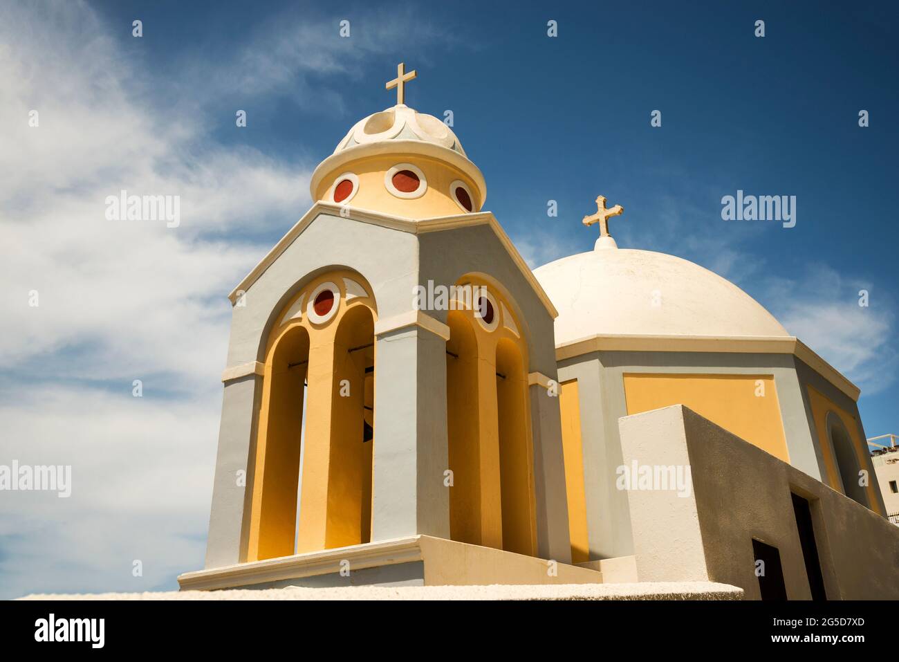 Greek Island of Santorini at the Catholic Church of Saint Stylianos. Stock Photo