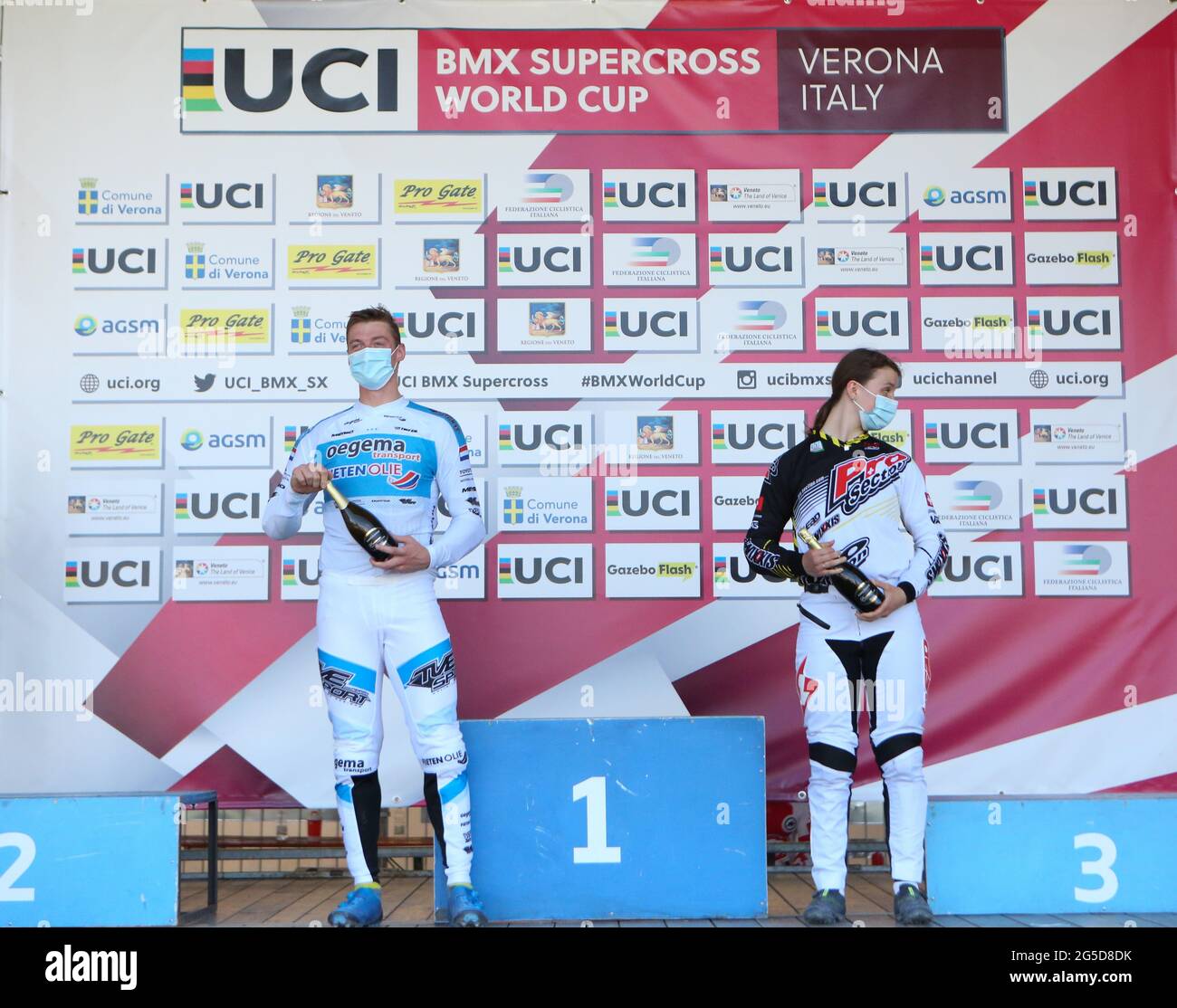 Ynze OEGEMA of the Netherlands and Thalya BURFORD of Switzerland are the  Under 23 winners of the UCI BMX Supercross World Cup Round 1 at the BMX  Olymp Stock Photo - Alamy