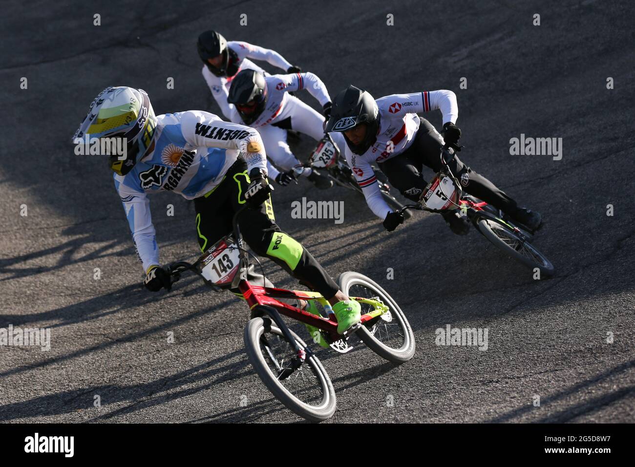 Nicolas TORRES of Argentina (143) finishes third in the final of the Men Elite UCI BMX Supercross World Cup Round 1 at the BMX Olympic Arena on May 8t Stock Photo