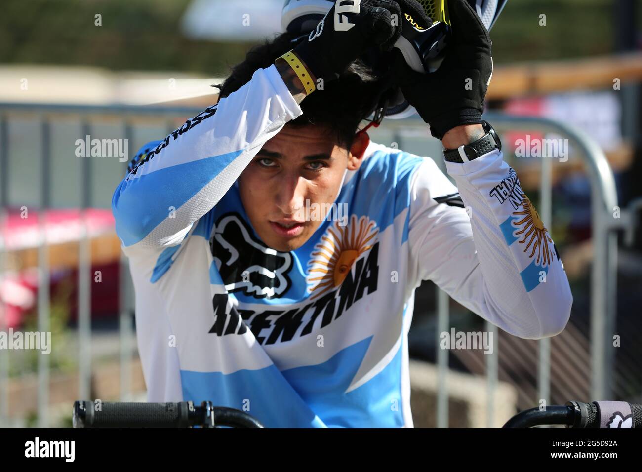 Nicolas TORRES of Argentina (143) finishes third in the final of the Men Elite UCI BMX Supercross World Cup Round 1 at the BMX Olympic Arena on May 8t Stock Photo