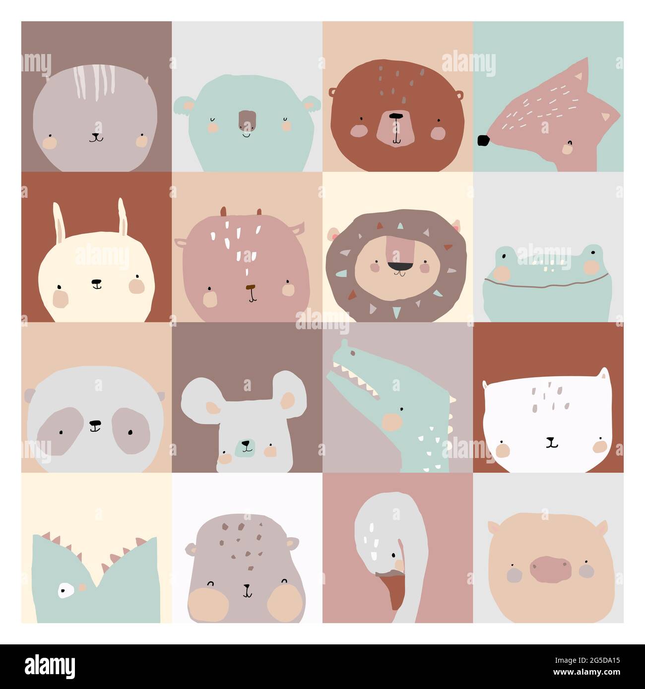 Set of Cute Faces Animals on Different Background Stock Vector