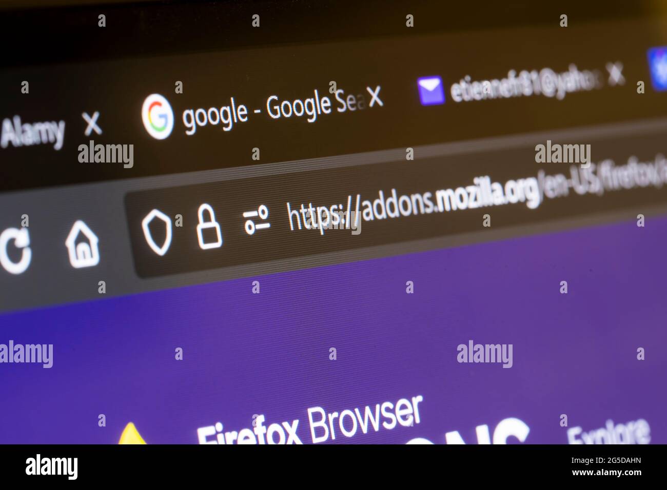 Macro closeup of the Hypertext Transfer Protocol Secure (HTTPS) and a padlock symbol in a website internet address bar showing it is secure Stock Photo