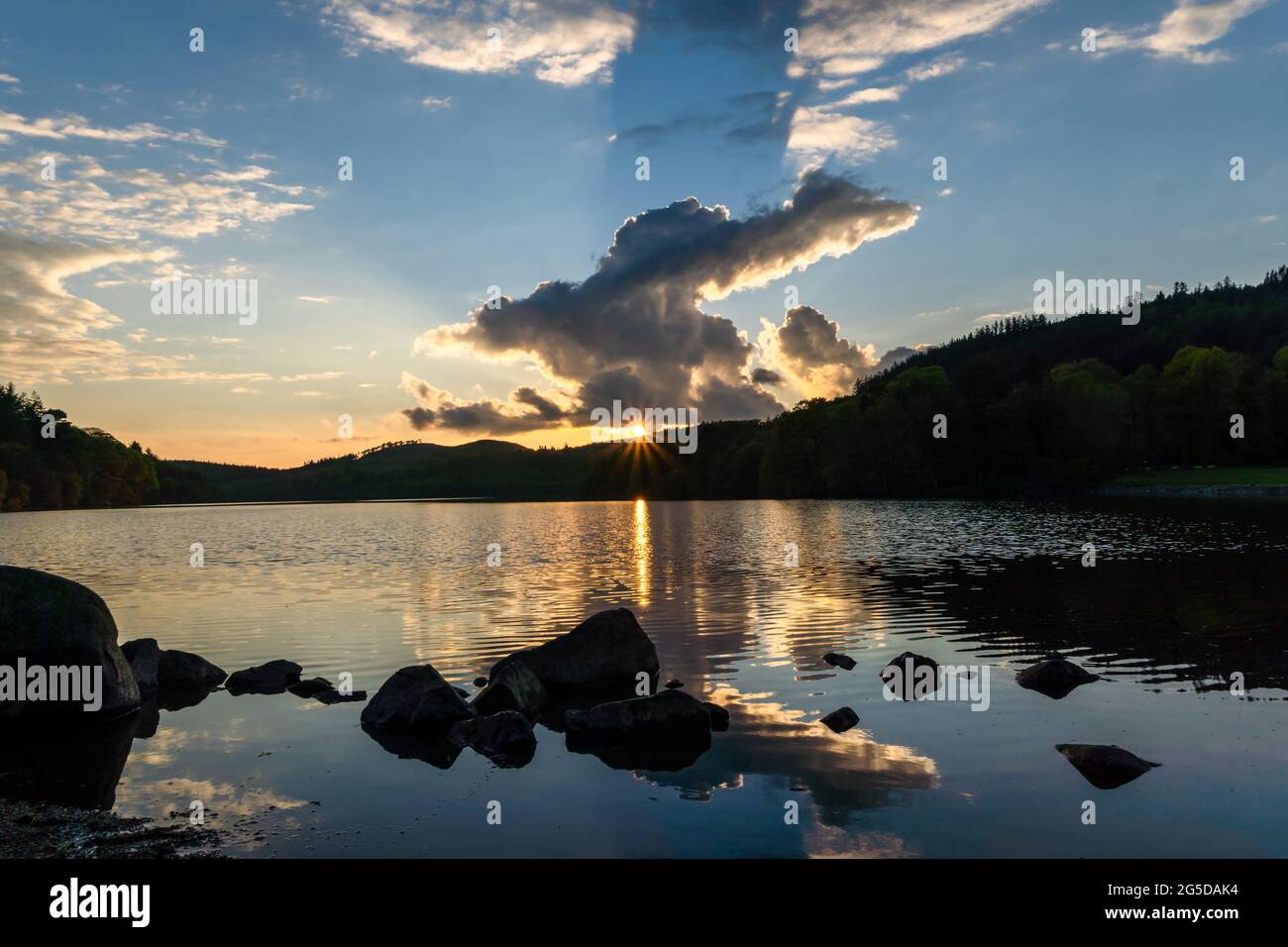 Castlewellan lake with the reflection at sunset, North Ireland Stock Photo