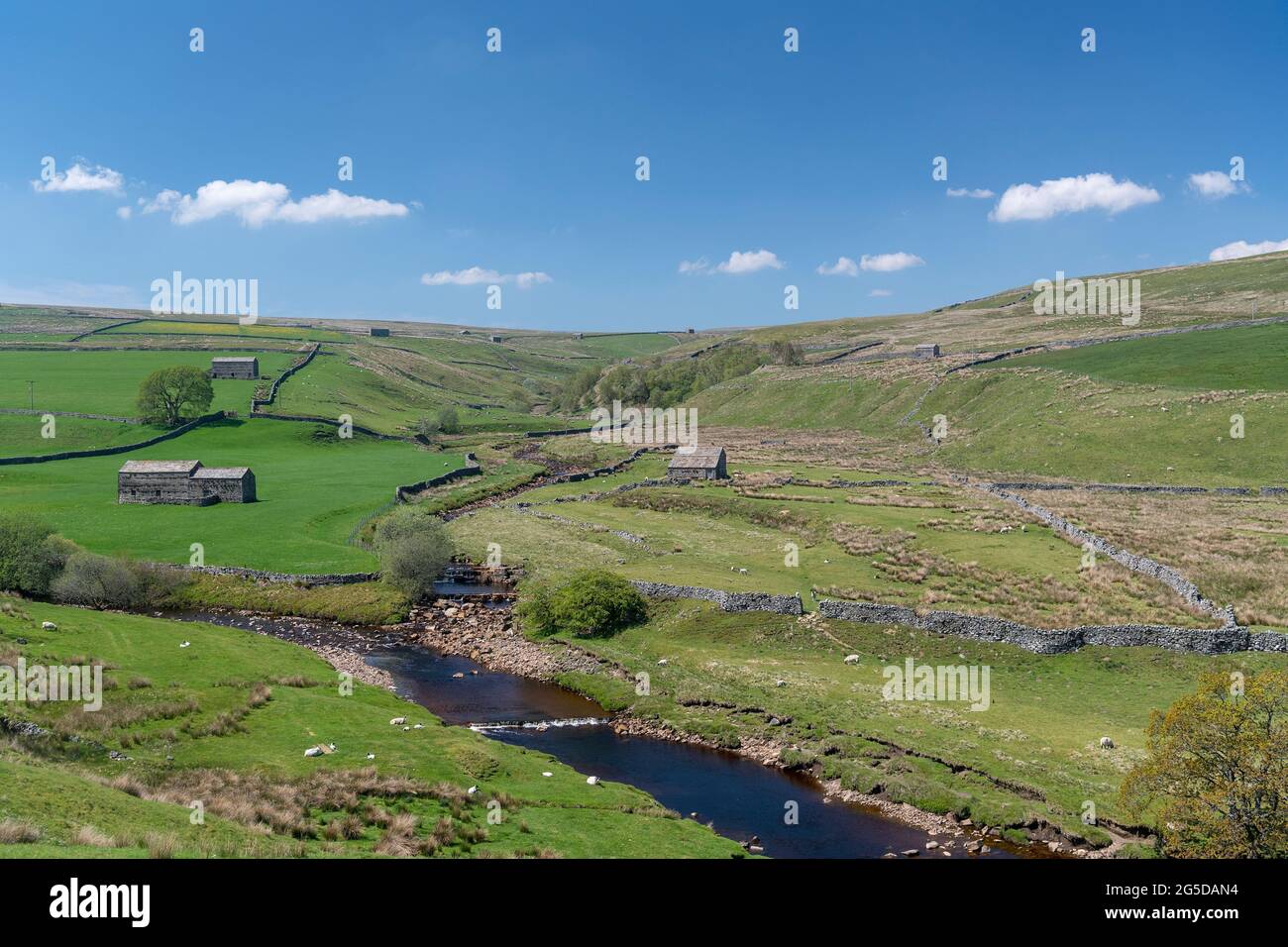River Swale above Keld where the Whitsundale beck from Ravenseat joins it, in early summer. Yorkshire Dales National Park, UK. Stock Photo