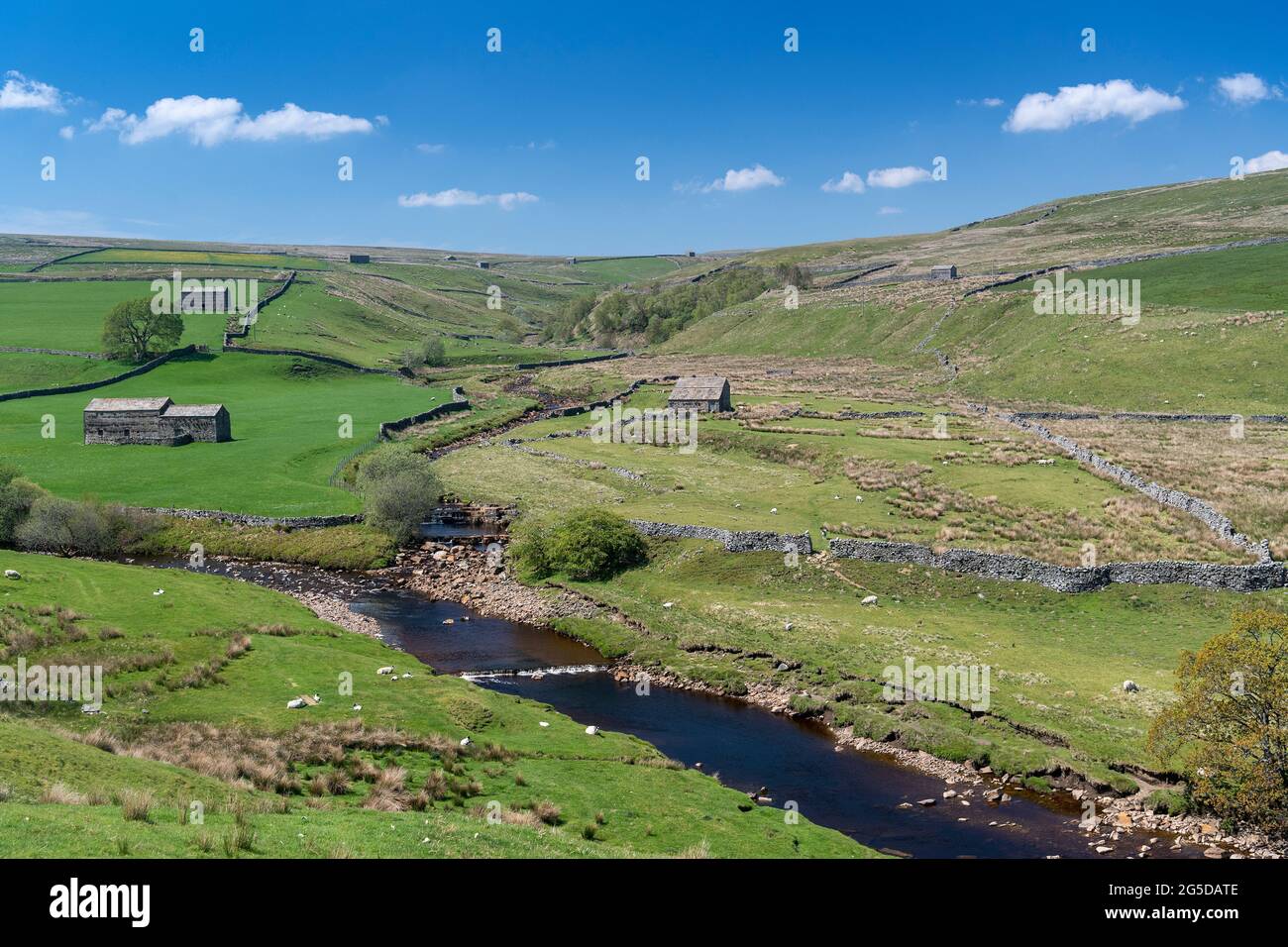 River Swale above Keld where the Whitsundale beck from Ravenseat joins it, in early summer. Yorkshire Dales National Park, UK. Stock Photo