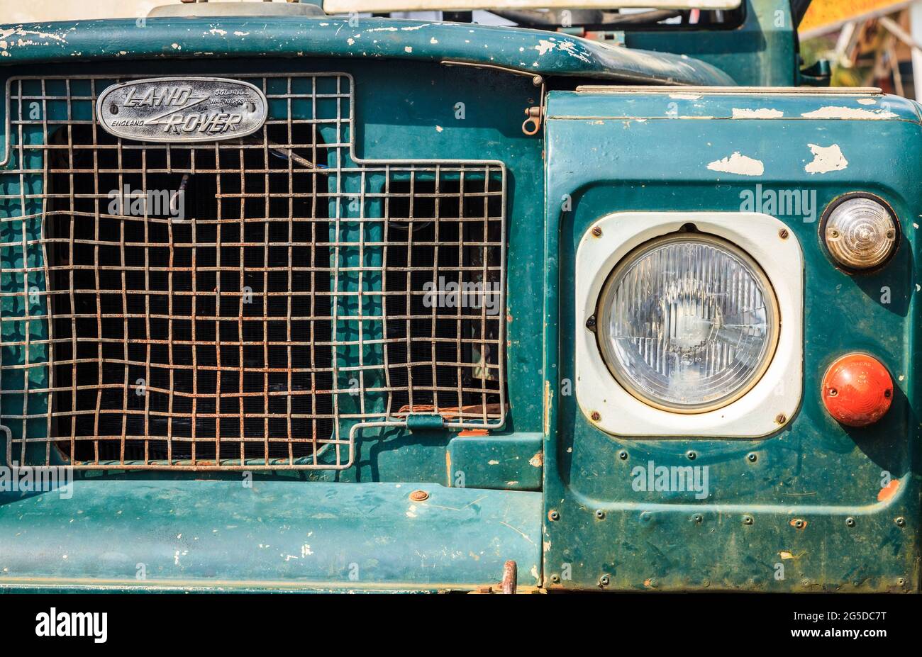 Details of the front grille of a vintage Landrover Stock Photo