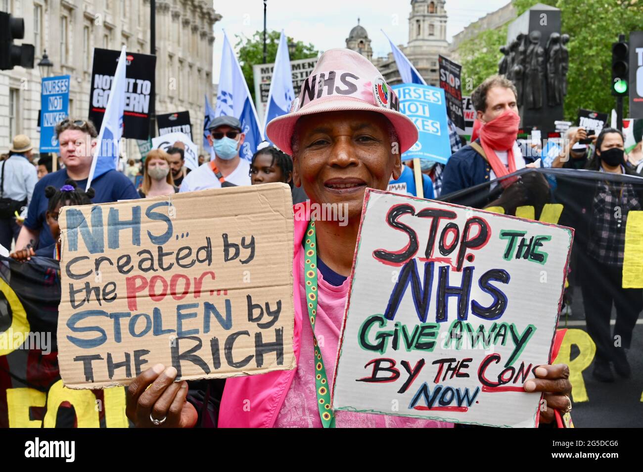 London, UK. Protester supporting the NHS, The People's Assembly National Demonstration, Downing Street, Westminster. Stock Photo