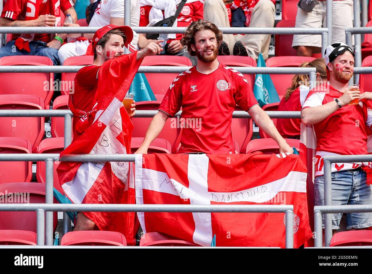 Denmark fans during the UEFA Euro 2020 round of 16 match held at the Johan Cruijff ArenA in Amsterdam, Netherlands. Picture date: Saturday June 26, 2021. Stock Photo