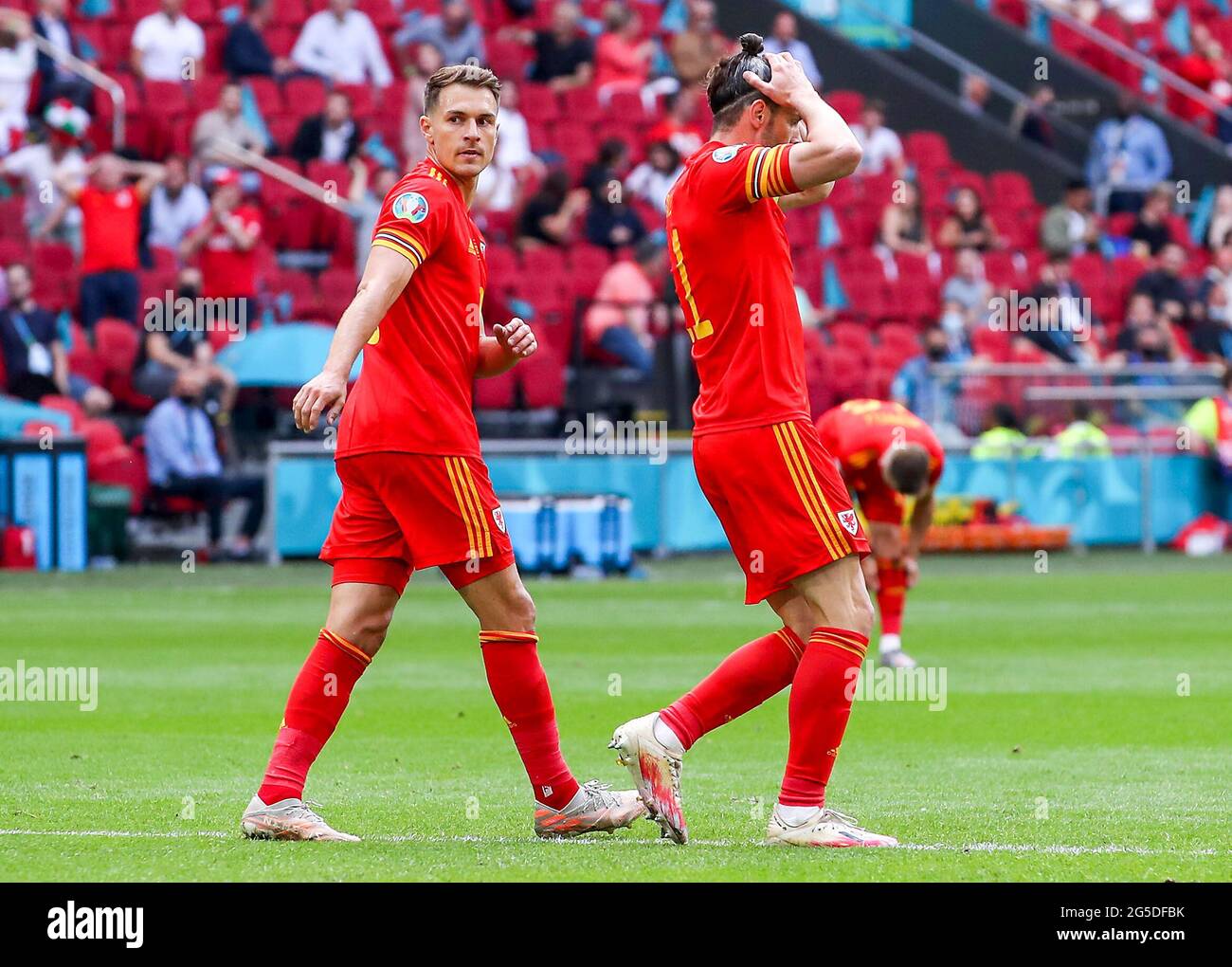 Wales' Gareth Bale (right) reacts during the UEFA Euro 2020 round of 16 match held at the Johan Cruijff ArenA in Amsterdam, Netherlands. Picture date: Saturday June 26, 2021. Stock Photo