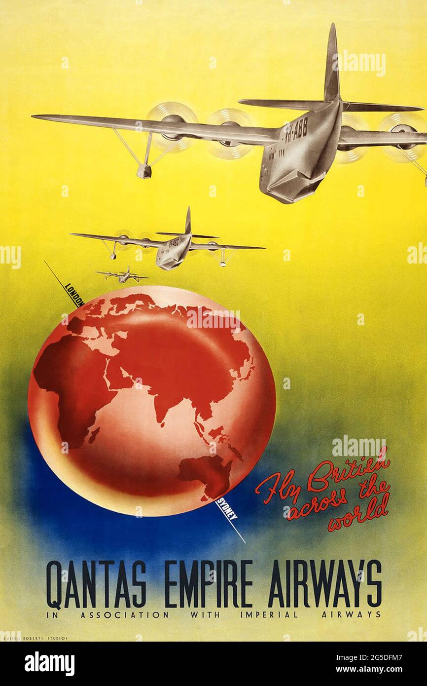 A vintage poster for travel to Australia on QANTAS Empire Airways, featuring Short Sunderland flying boats Stock Photo