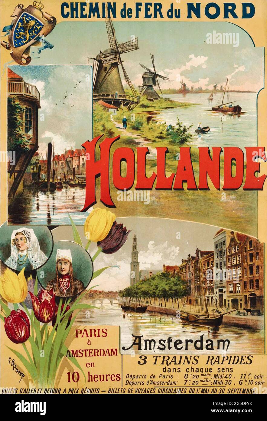A French vintage travel poster for Holland and Amsterdam by train