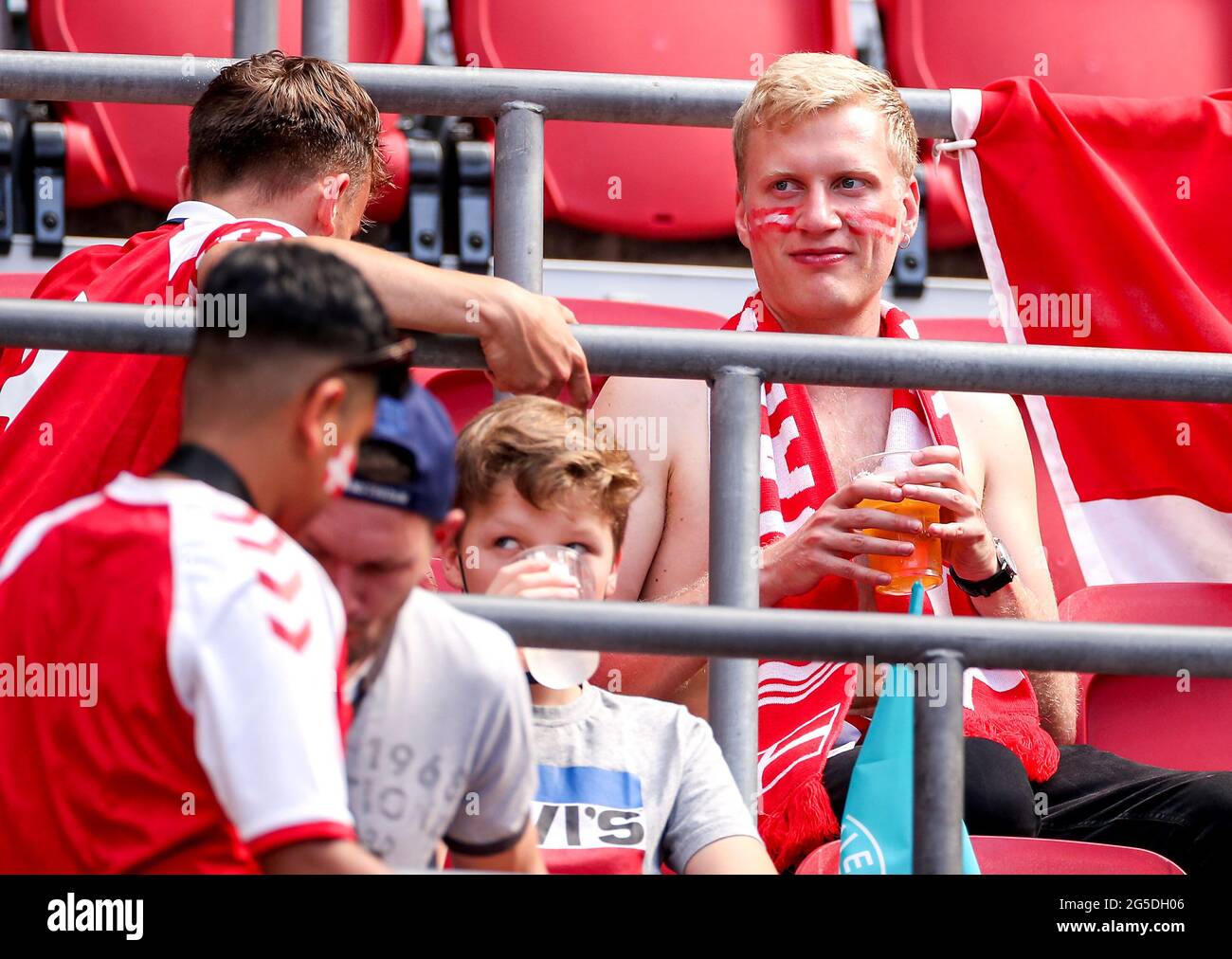 Denmark fans cheer their team during the UEFA Euro 2020 round of 16 match held at the Johan Cruijff ArenA in Amsterdam, Netherlands. Picture date: Saturday June 26, 2021. Stock Photo