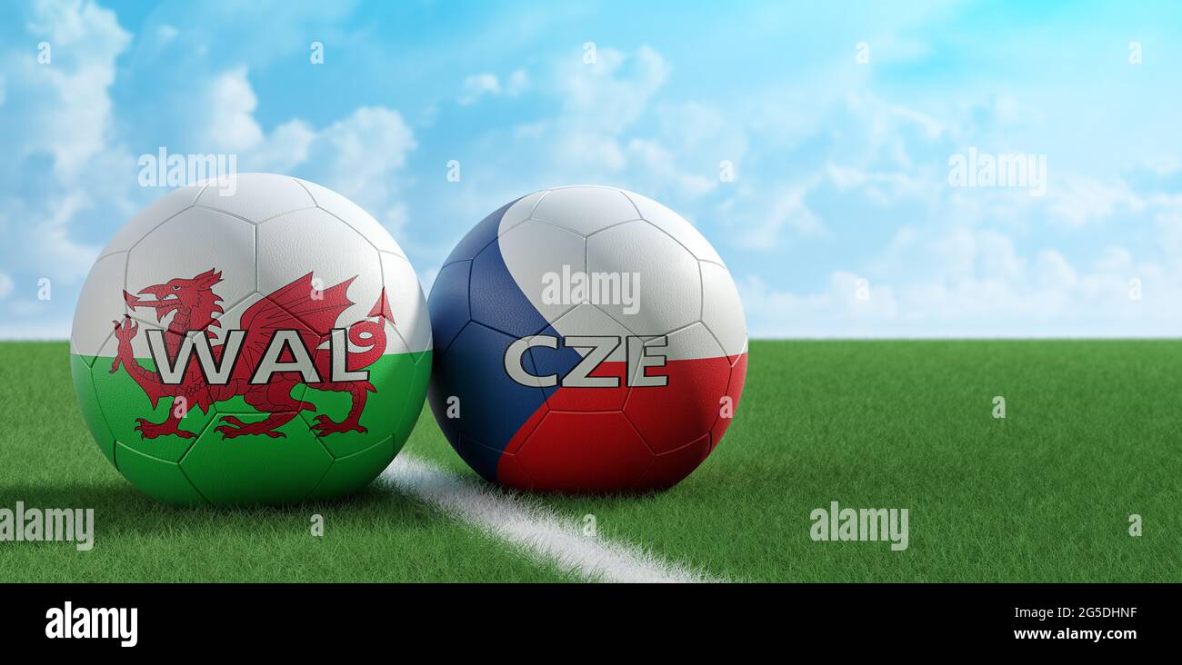 Wales vs. Czech Republic Soccer Match - Leather balls in Wales and Czech Republic national colors. 3D Rendering Stock Photo