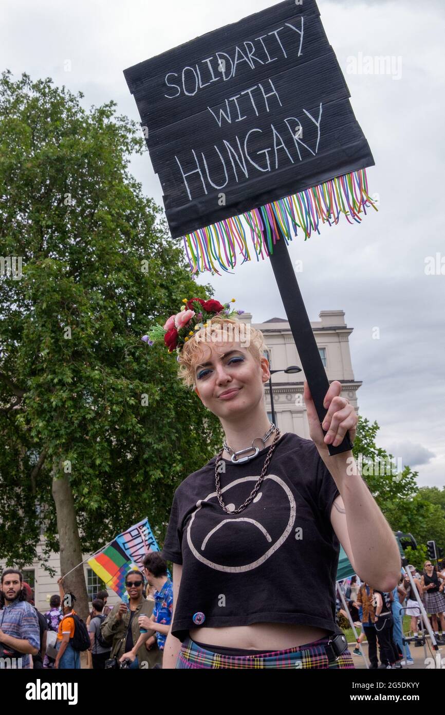 London, UK. 26th June 2021. Solidarity with Hungary placard. Several ...
