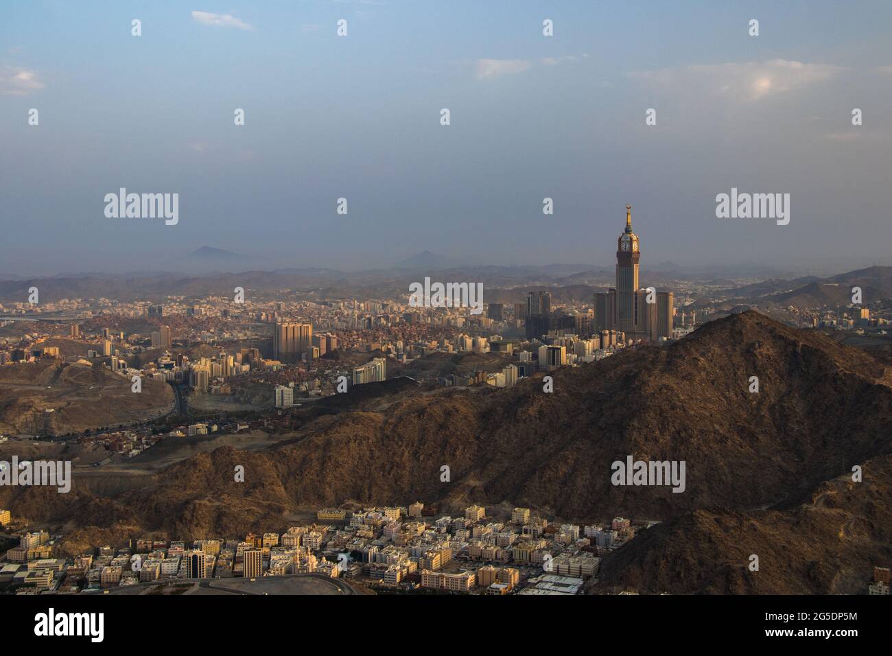 Panoramic skyline view on City of Mecca from Nour Mountain. Skyline with Abraj Al Bait. Royal Clock Tower in Makkah, Saudi Arabia. Stock Photo