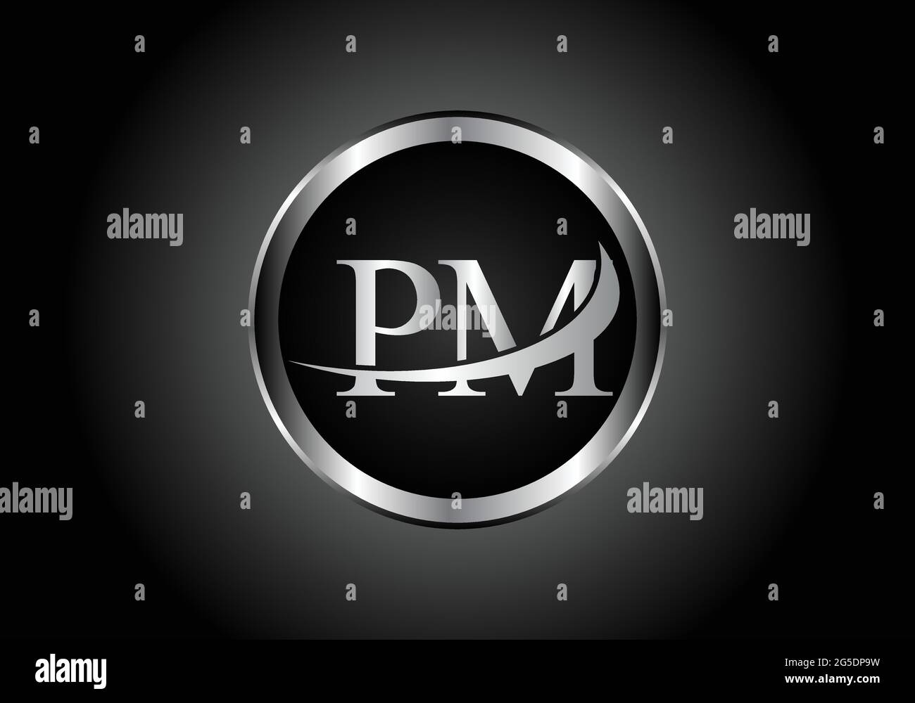 silver letter PM metal combination alphabet logo icon design with grey color on Black and white gradient design for a company or business Stock Vector