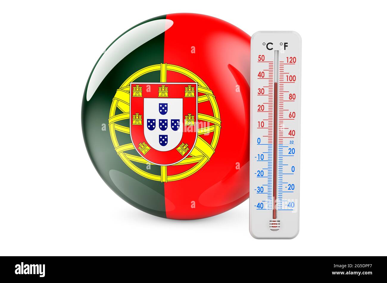 Thermometer with Portuguese flag. Heat in Portugal concept. 3D rendering isolated on white