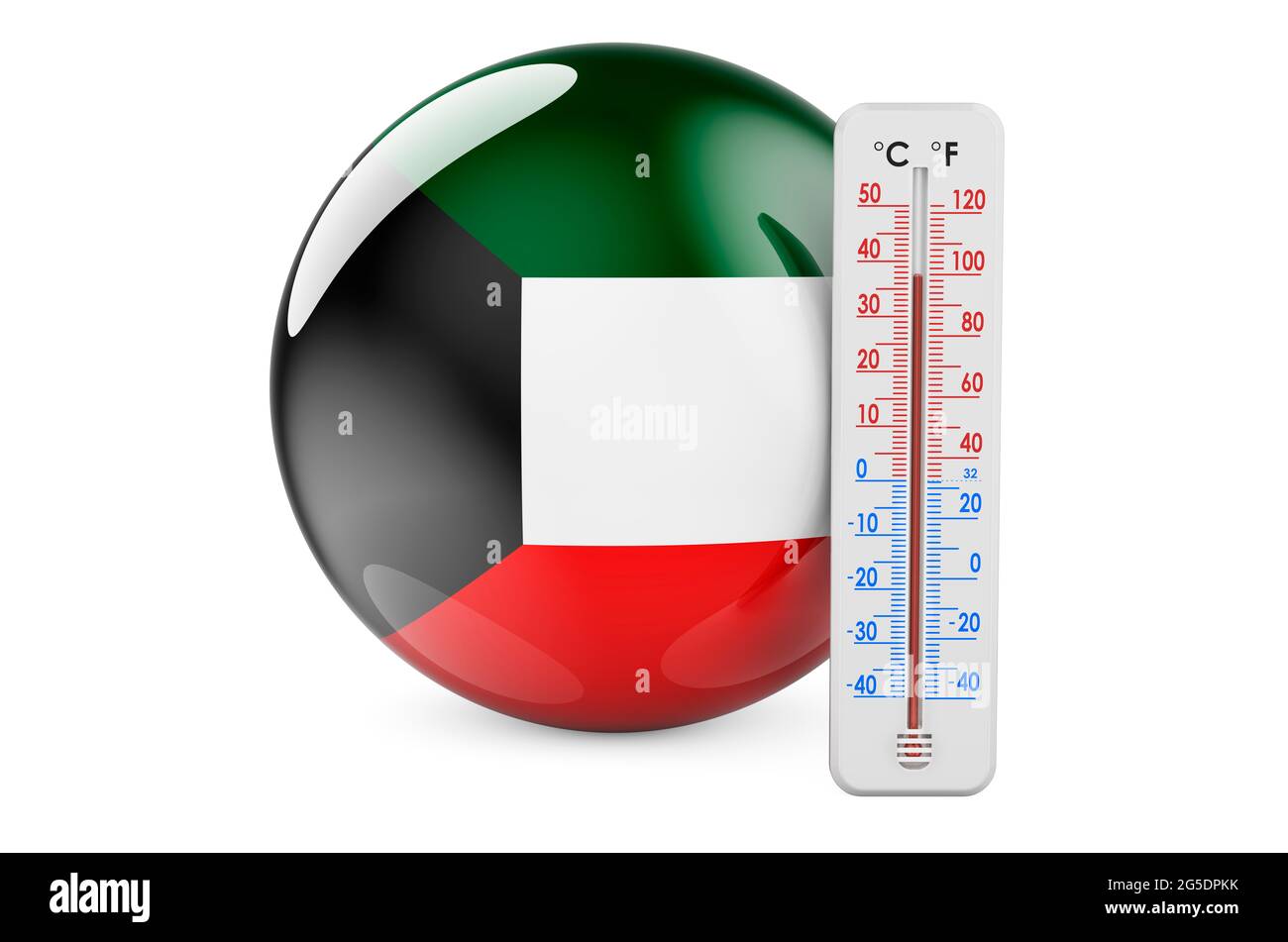 Thermometer with Kuwaiti flag. Heat in Kuwait concept. 3D rendering