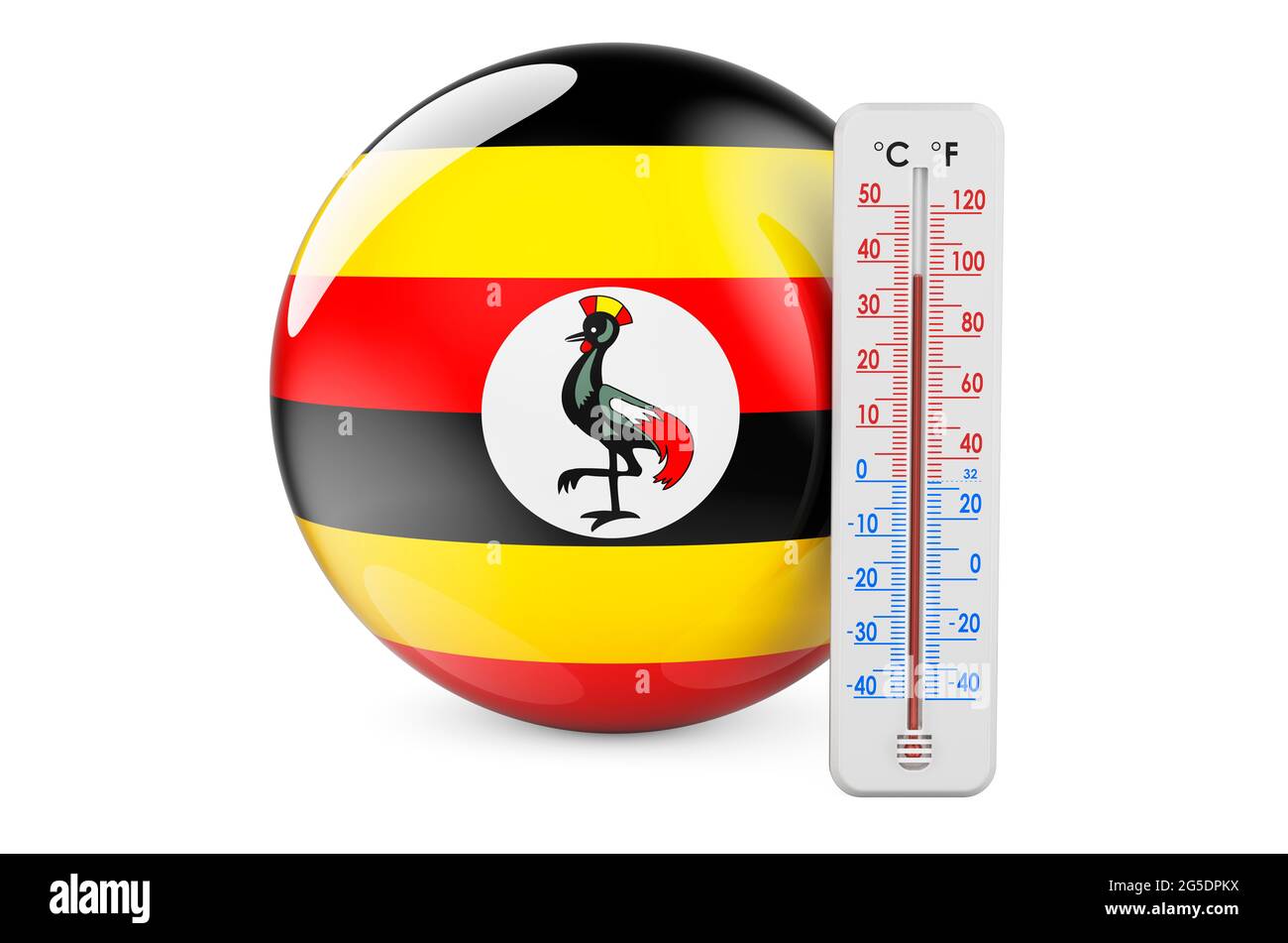 Thermometer with Ugandan flag. Heat in Uganda concept. 3D rendering